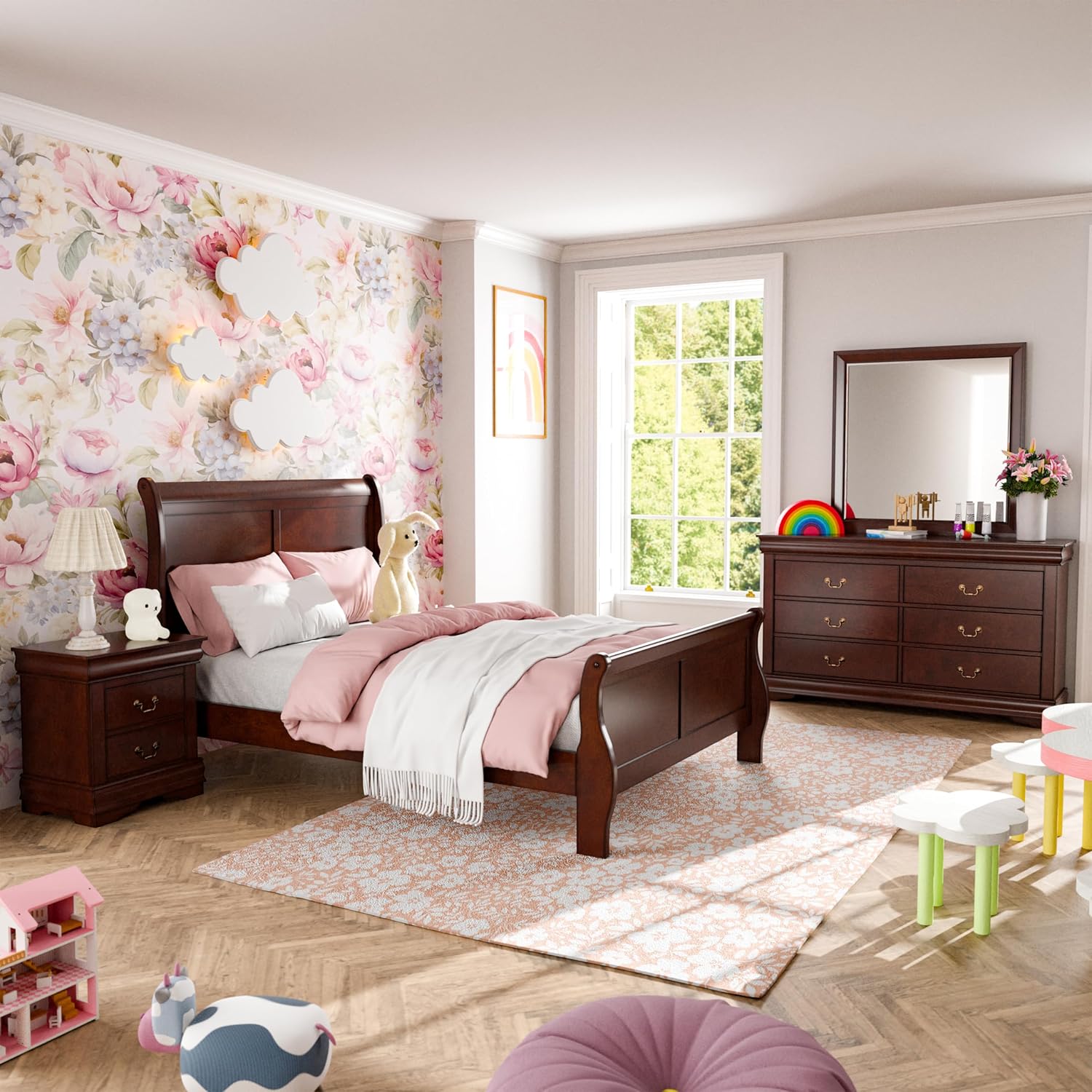 Furniture of America Louis Philippe Traditional Solid Wood 4 Piece Bedroom Set, Full Bed Frame, Nightstand, and Dresser with Mirror, Bedframe with Headboard and Footboard, Box Spring Needed, Cherry