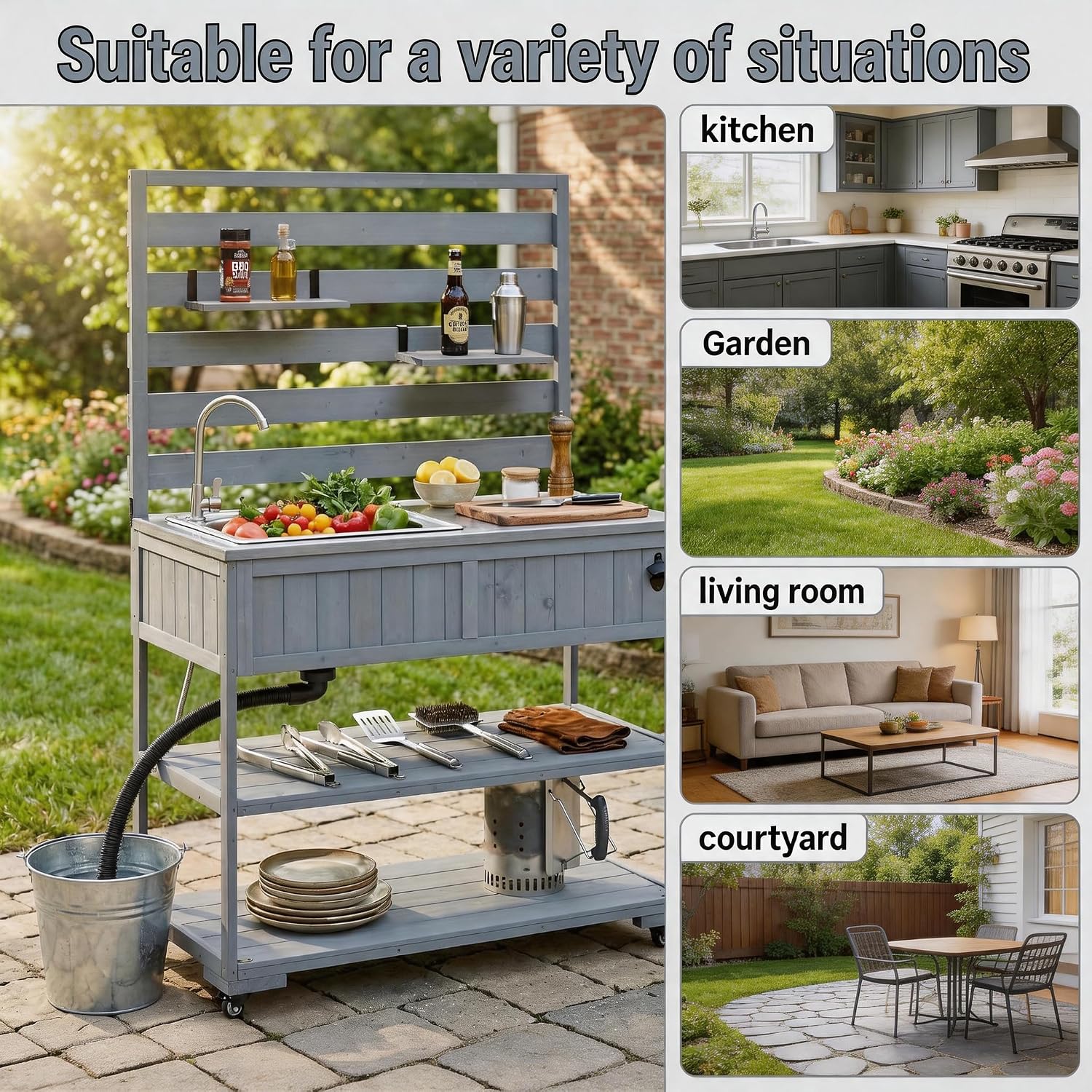 Outdoor Kitchen Island with Sink and Stainless Steel Top, 65 in | Fir wood, stainless steel top, sink, faucet, movable shelves, bottle opener, lockable wheels, 41.7 W x 16.6 D x 65 H in