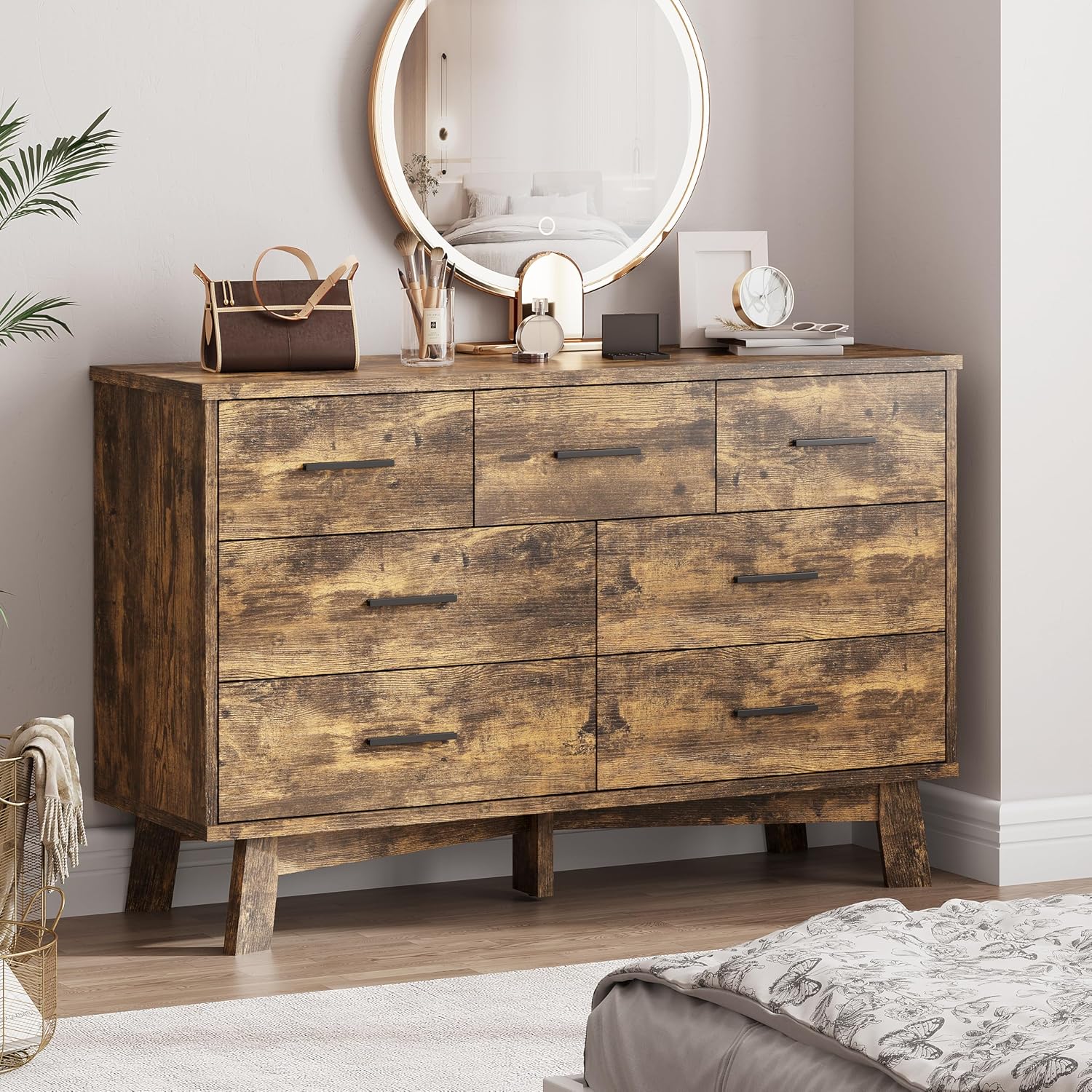 Xixini Dresser for Bedroom with 7 Drawer, Wood Modern Chest of Drawers with X-Shaped Sturdy Base, Wide Double Dresser Closet Clothes Storage Organizer, Wooden TV Stand for Living Room, Hallway, Brown