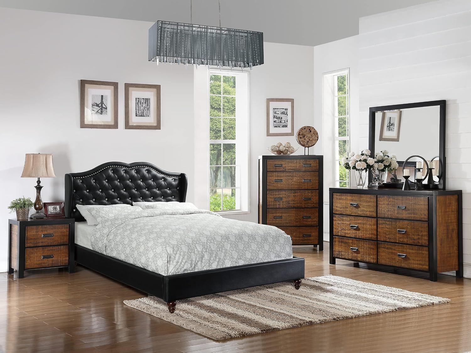 1pc King Size Bed Set Curved Headboard Button Tufted Upholstered Bedroom Furniture Black