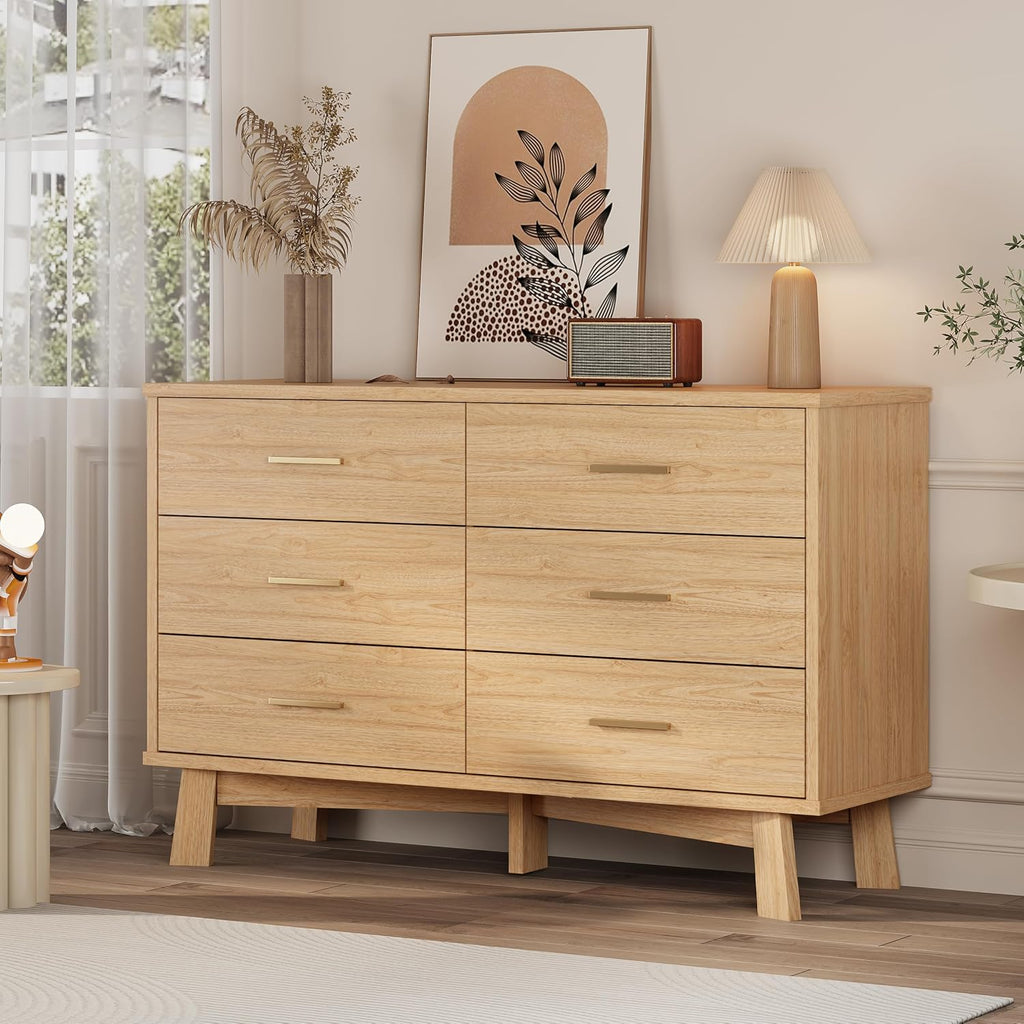 Xixini Dresser for Bedroom, 6 Drawer Wide Modern Chest of Drawers with X-Shaped Sturdy Base, Wood Double Dresser Closet Clothes Storage Organizer, Wooden TV Stand for Living Room, Hallway, Oak