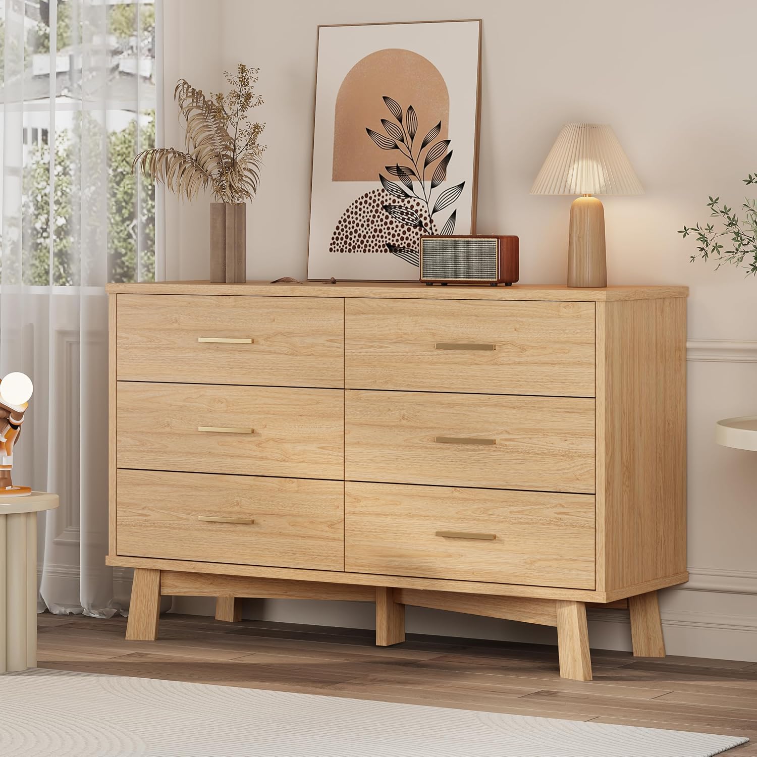 Xixini Dresser for Bedroom, 6 Drawer Wide Modern Chest of Drawers with X-Shaped Sturdy Base, Wood Double Dresser Closet Clothes Storage Organizer, Wooden TV Stand for Living Room, Hallway, Oak