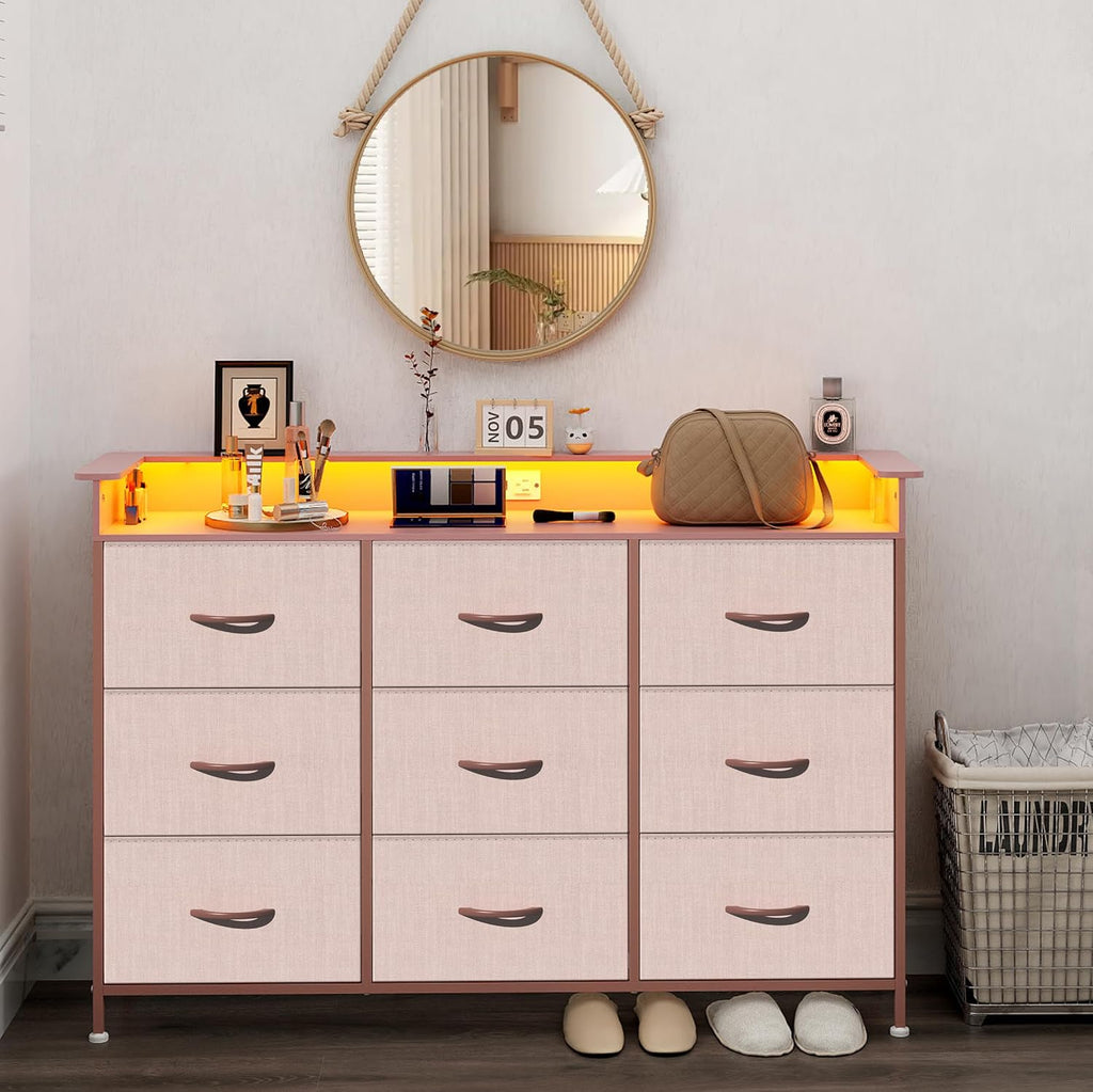 EXOTICA Pink Dresser with LED Light for Girls Bedroom 9 Drawer Dressers with Charging Station Chests of Drawers for Living Room Entryway Closet Hallway Sturdy Steel Frame Wooden Top Easy Pull Handle