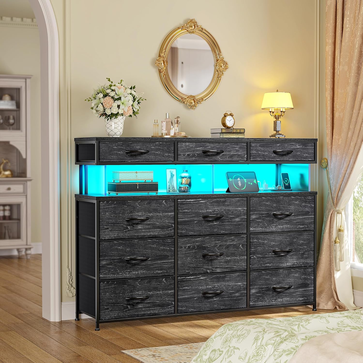 Romorgniz Black Dresser for Bedroom with Charging Station and LED Lights, Fabric Dressers & Chest of Drawers, Dresser TV Stands for Living Room, Open Shelves, 10MM Thick Acrylic Sheet