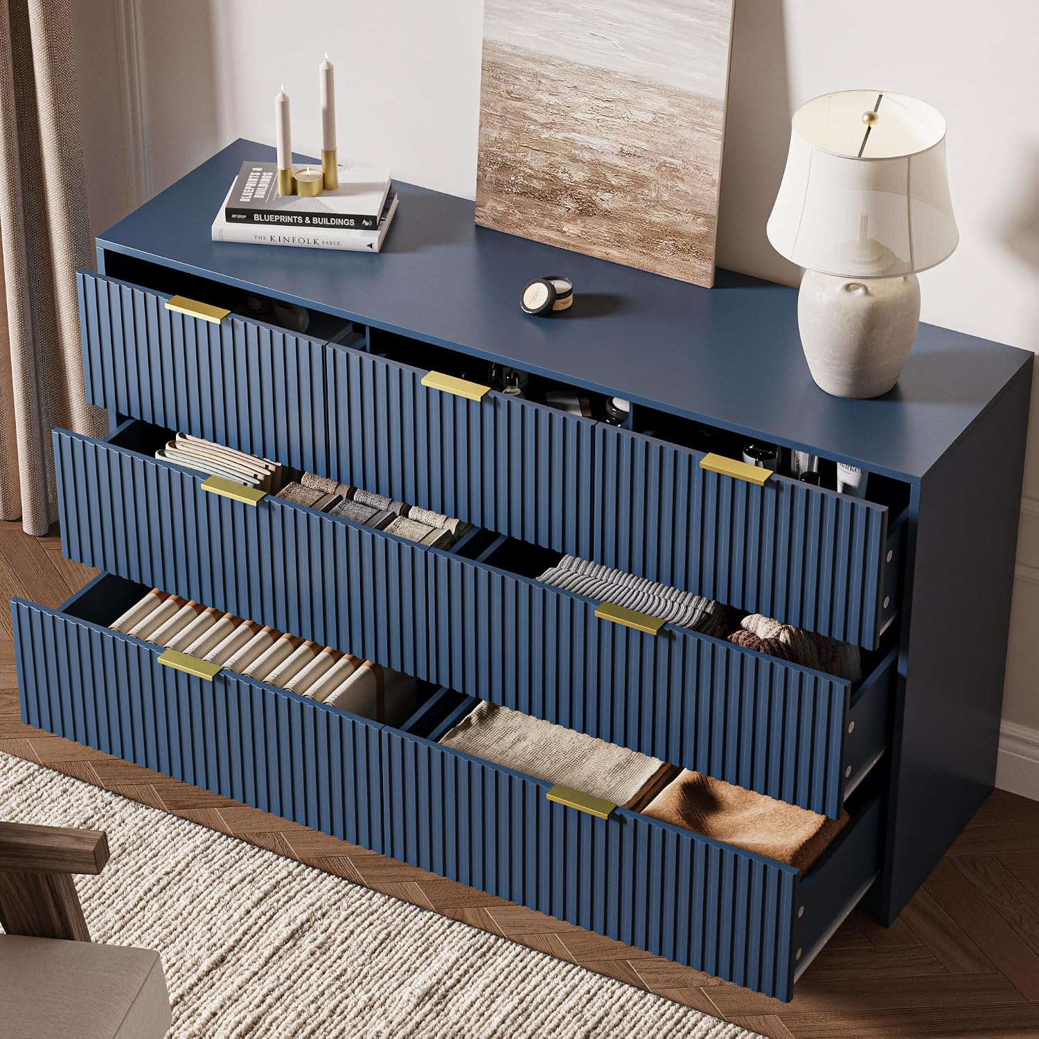 MAISONARIA Navy 7 Drawer Dresser for Bedroom, 55.9' Wide Modern Fluted Dresser with Gold Metal Handles, Large Chest of Drawers for Bedroom, Living Room, Entryway, Hallway