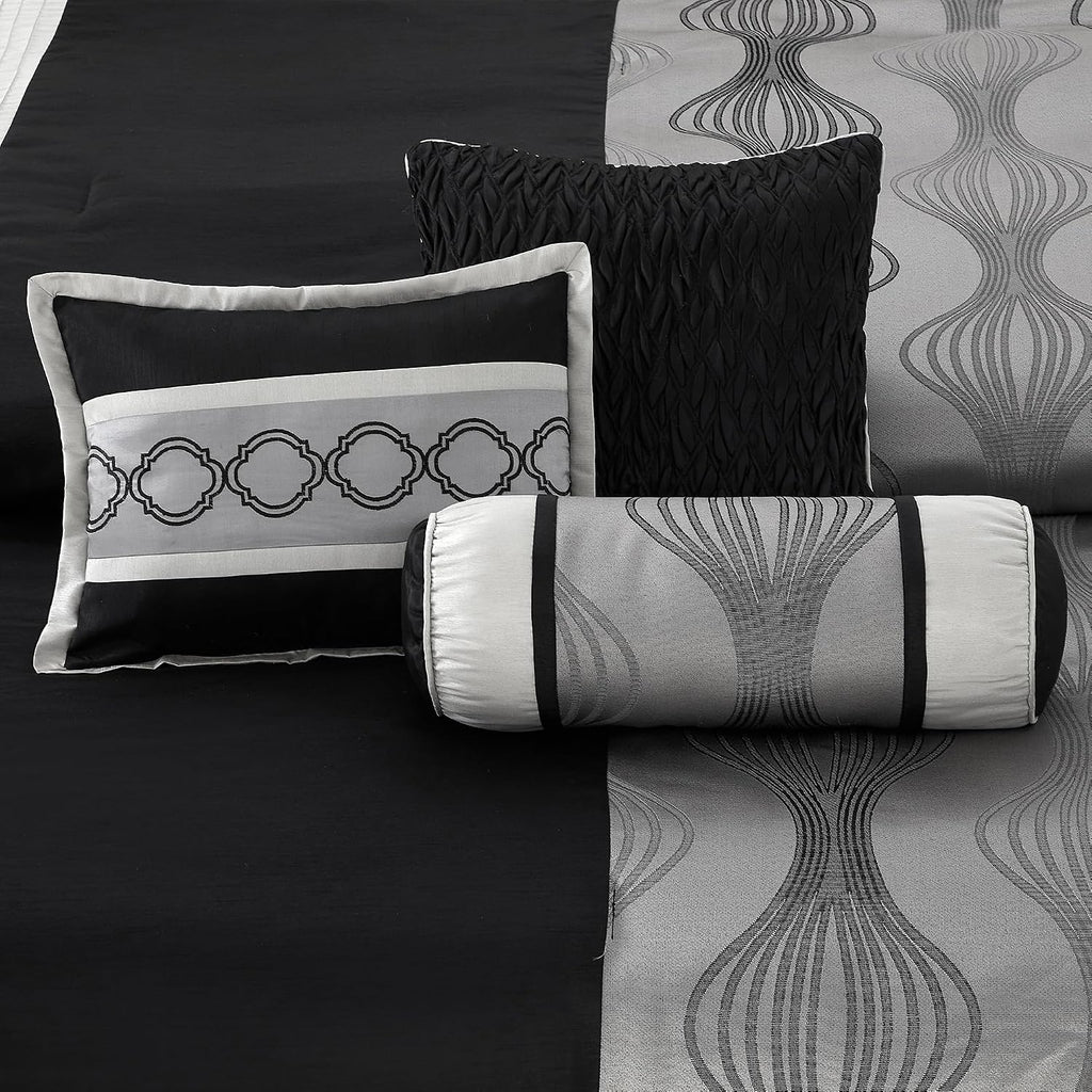 LANCO MODERN LIFESTYLE Queen Comforter Set, Black Silver, 7 Pieces Bed in a Bag, Soft Jacquard with Solid Piecework, Luxury Bed Set with Comforters, Bed Skirt, Pillow Shams and Decorative Pillows