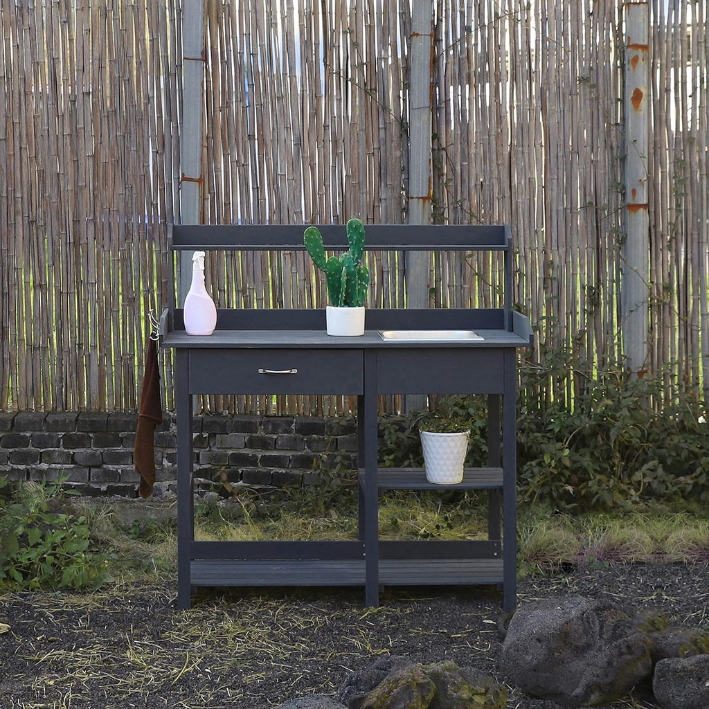 MUPATER Potting Bench Garden Table for Outdoors with Removable Stainless Sink, Planting Work Bench with Storage Shelves and Drawer, Grey