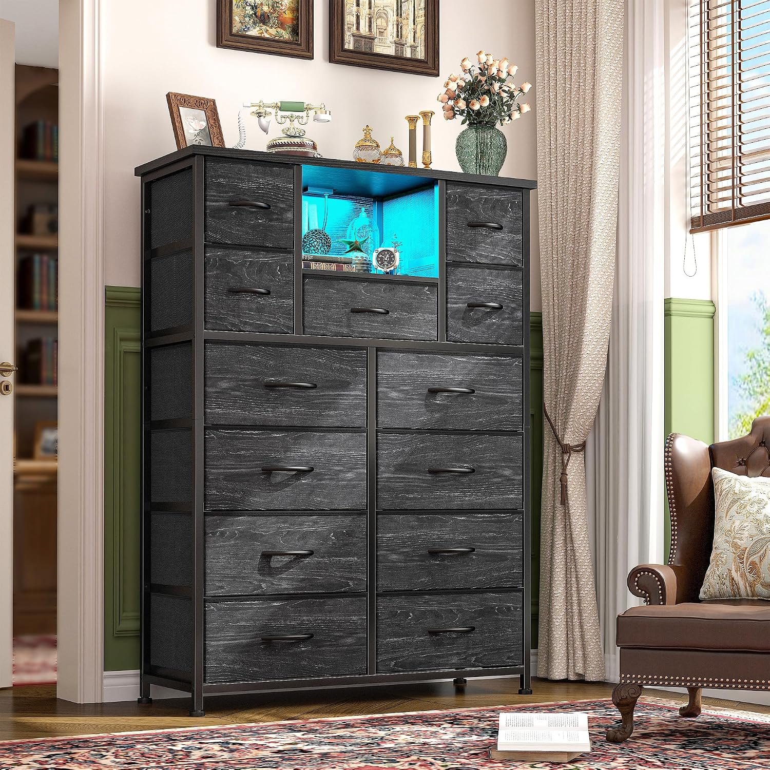 Romorgniz Dresser for Bedroom with 13 Fabric Drawers, Black Dresser with LED & 4 Charging Ports, 47''H Chest of Drawers with Open Storage Shelves for Hallway, Entryway