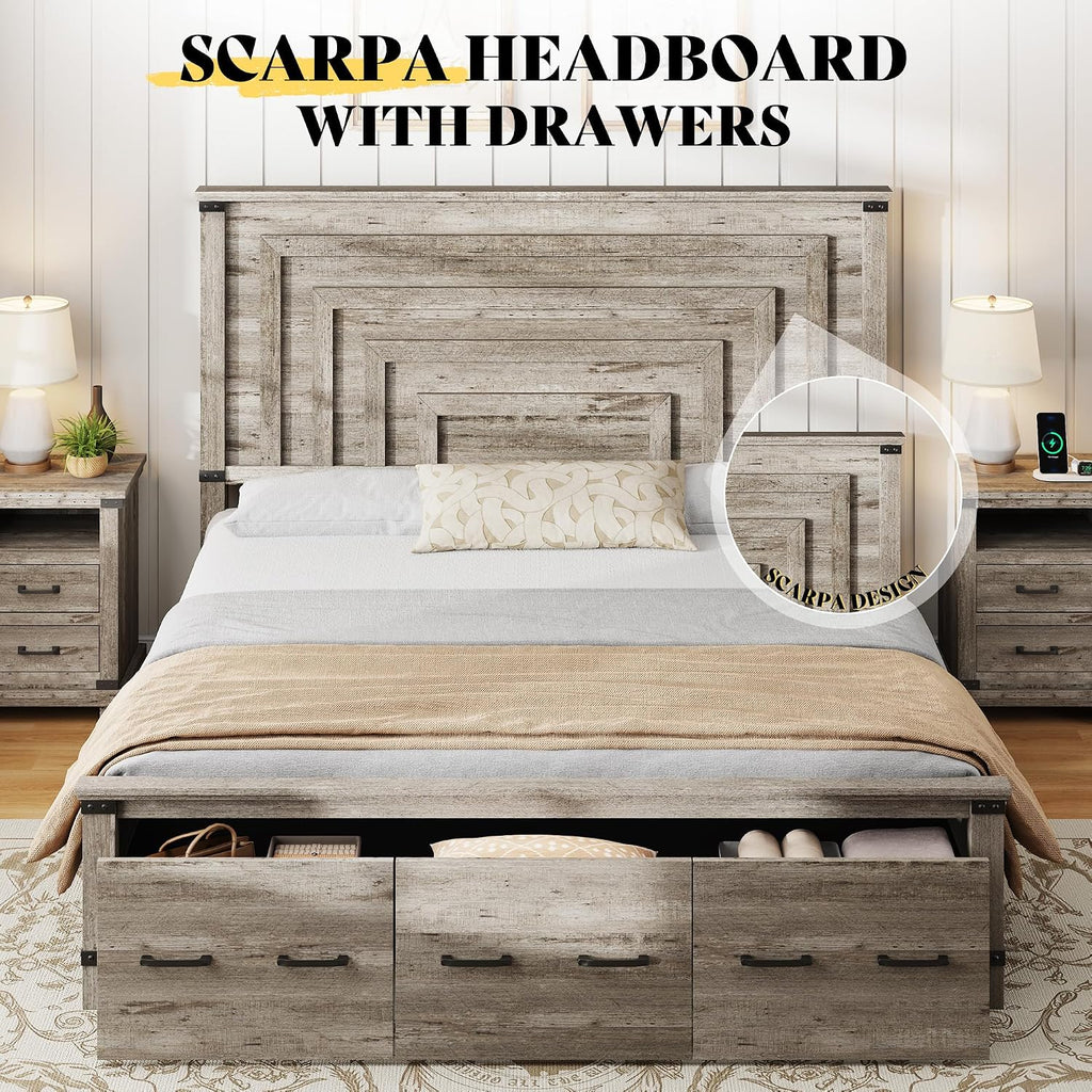 AMERLIFE King Bed Frame with 51' Tall Headboard, 3 Large Storage Drawers, Wood Platform Bed, No Box Spring Needed, Silent Frame, Easy Assembly, Farmhouse, Rustic Grey