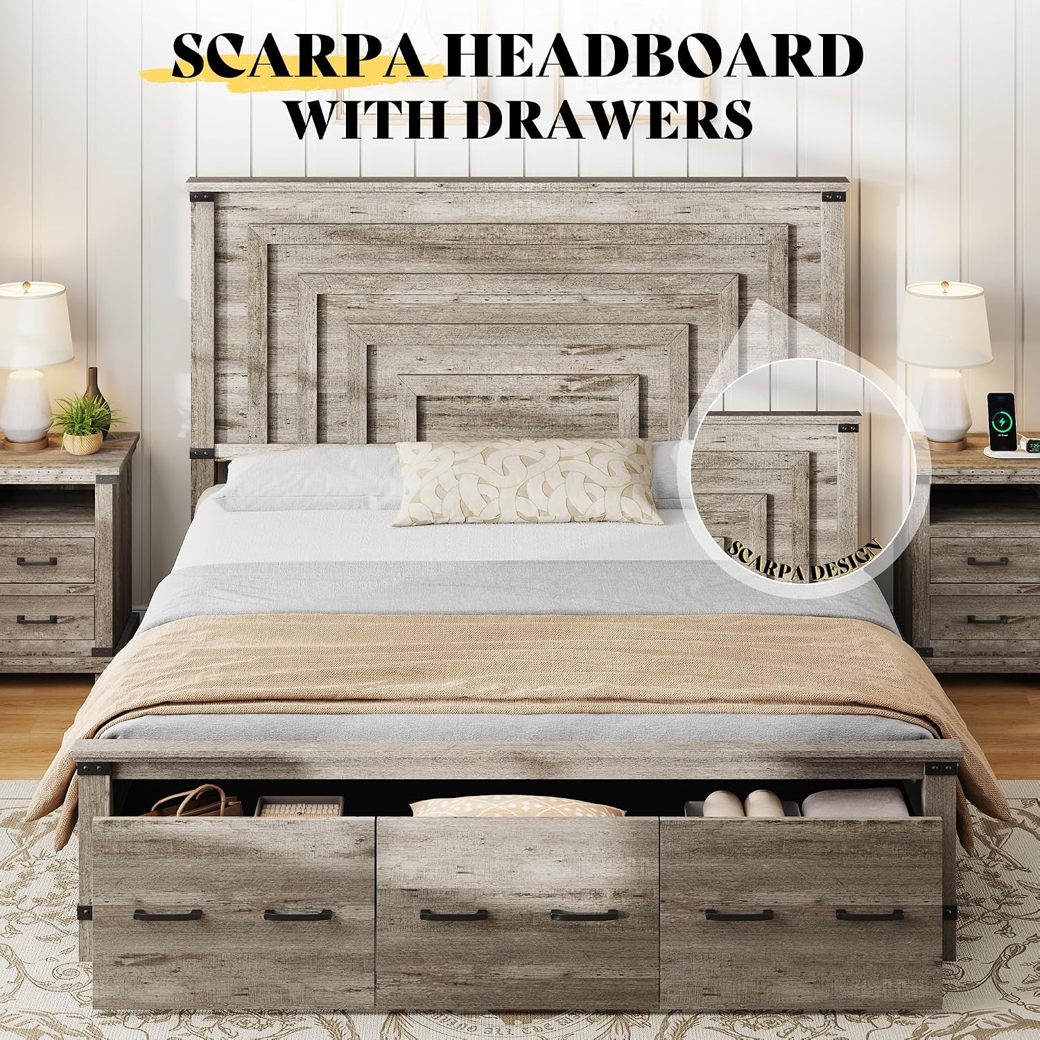 AMERLIFE King Bed Frame with 51' Tall Headboard, 3 Large Storage Drawers, Wood Platform Bed, No Box Spring Needed, Silent Frame, Easy Assembly, Farmhouse, Rustic Grey