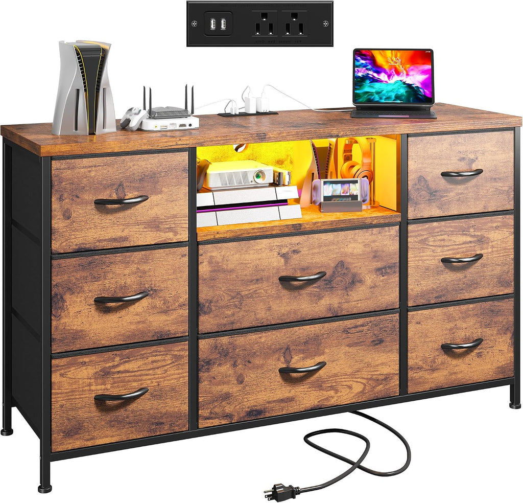Dresser for Bedroom with LED Lights & Charging Station, Dresser TV Stand for Bedroom with 8 Drawer for 55 inch TV, Fabric Dressers & Chests of Drawers with Shelves for Hallway Entryway, Rustic Brown