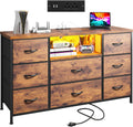 Dresser for Bedroom with LED Lights & Charging Station, Dresser TV Stand for Bedroom with 8 Drawer for 55 inch TV, Fabric Dressers & Chests of Drawers with Shelves for Hallway Entryway, Rustic Brown