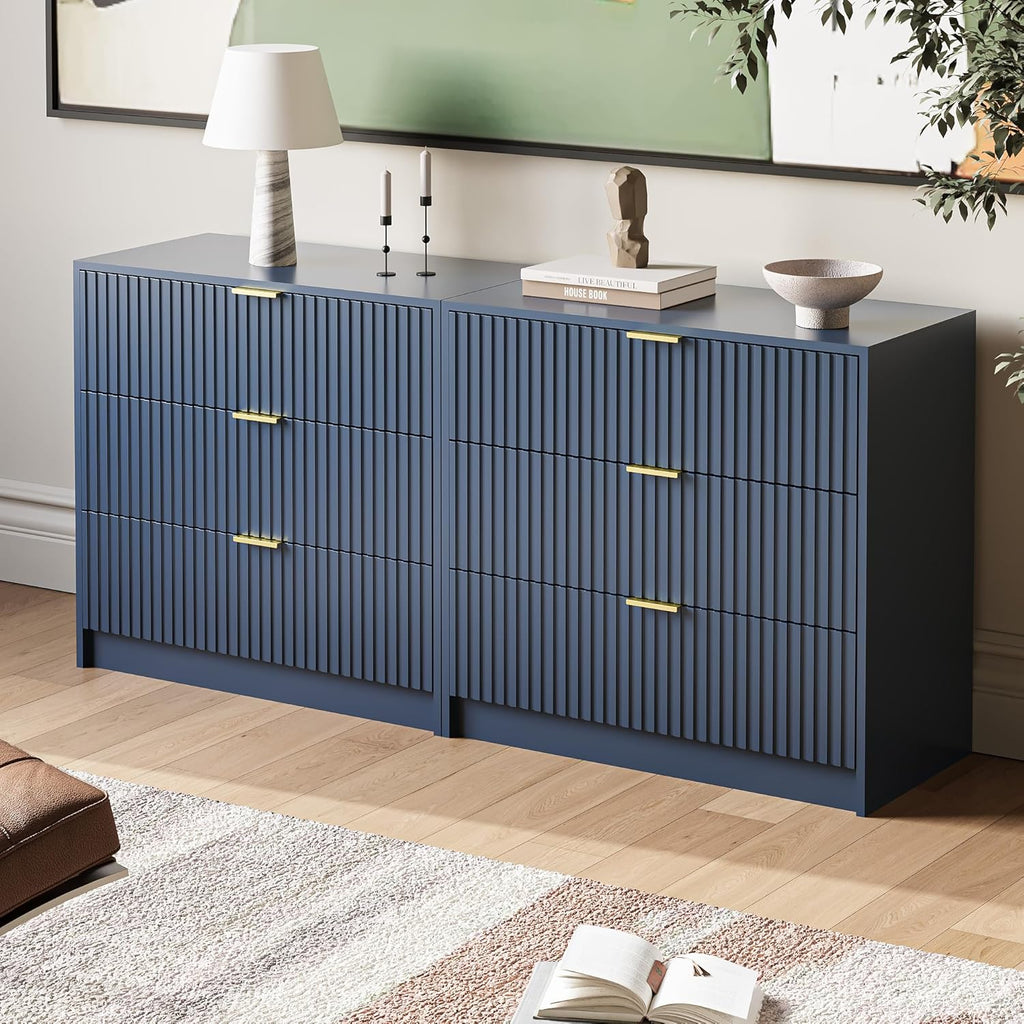 MAISONARIA Fluted Dresser for Bedroom, 32 Inch Wide Nightstand with Large Drawer, 3 Drawer End Table for Bedroom, Living Rooms, Offices, and Entryways, Navy Blue