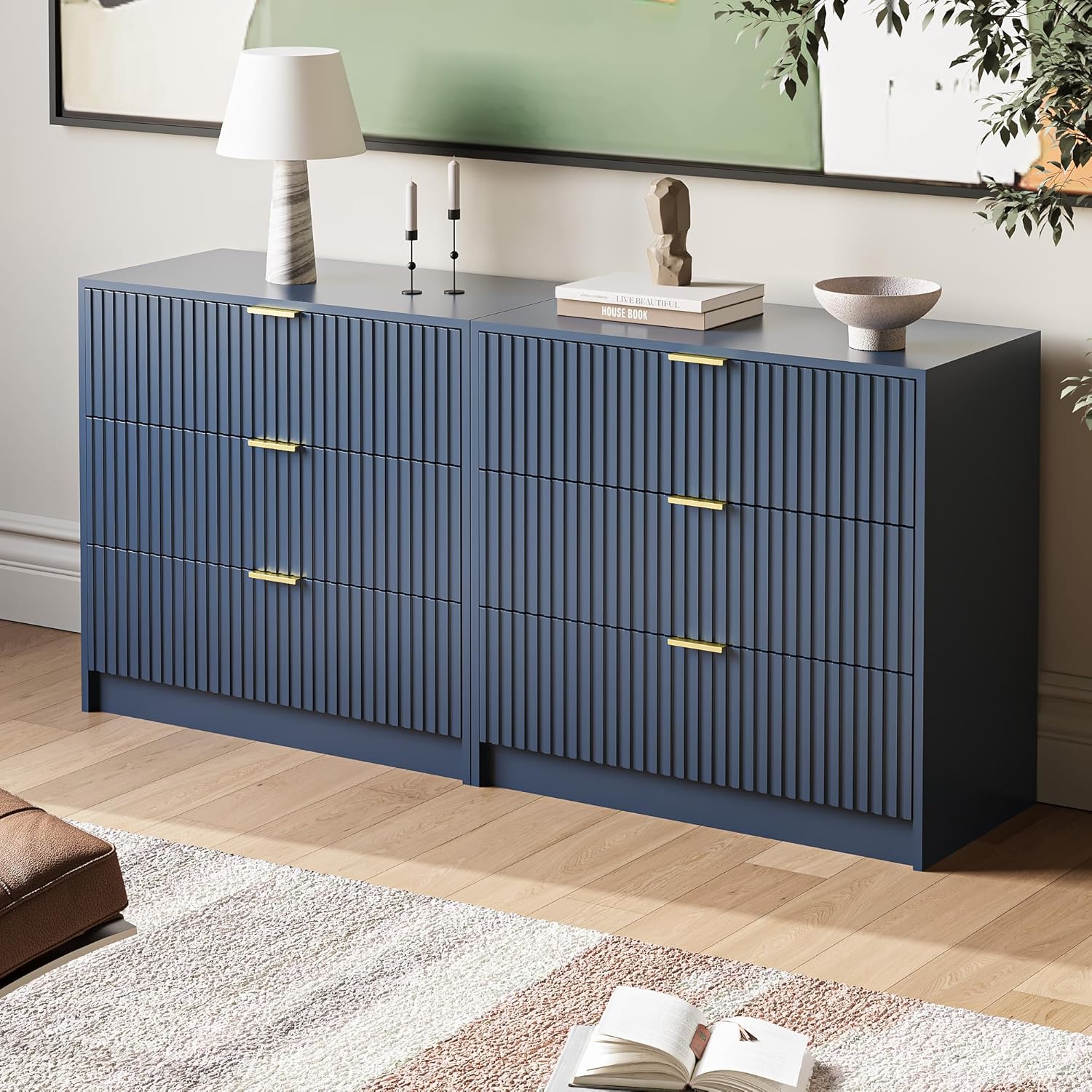 MAISONARIA Fluted Dresser for Bedroom, 32 Inch Wide Nightstand with Large Drawer, 3 Drawer End Table for Bedroom, Living Rooms, Offices, and Entryways, Navy Blue