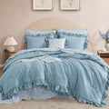 BLOOMHAVEN Oversized King Comforter Set - 7 Pieces Ruffle Blue Bedding Sets, Shabby Chic Farmhouse Bed in a Bag with Ruffle Comforter, Floral Sheets, Pillowcases & Shams