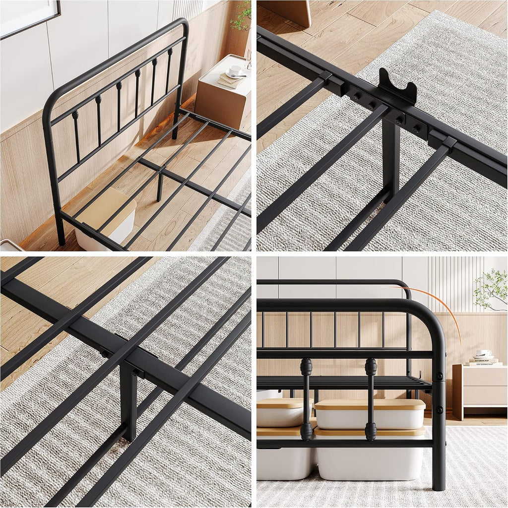 Vintage Full Size Bed Frame with Headboard and Footboard Mattress Heavy Duty Metal Platform, Steel Slat Support (Full, Black Sanded)