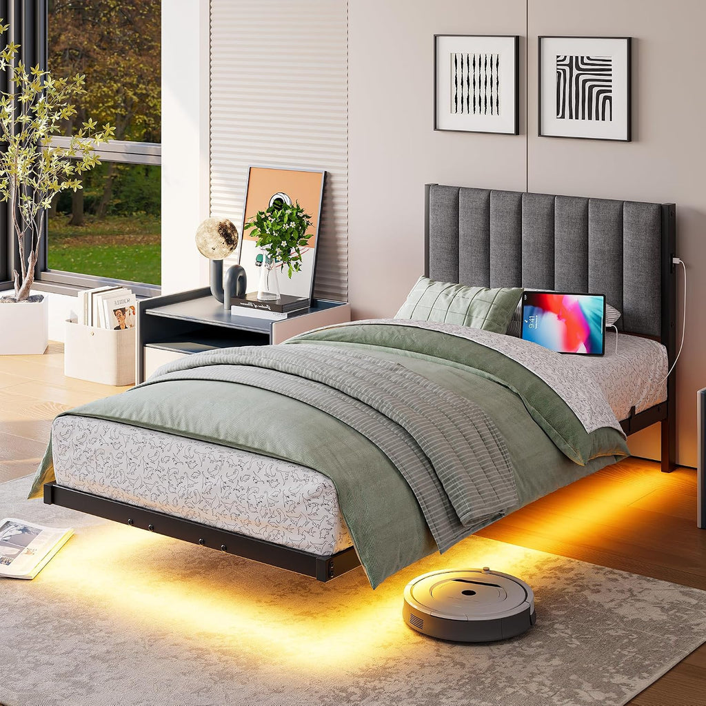 Floating Twin Bed Frame with LED Lights & USB Charging Station,Metal Platform Bed with Strong Slats Support,Floating Bed Frame Twin Size with Upholstered Headboard,Easy Assembly,Noise Free,Gray