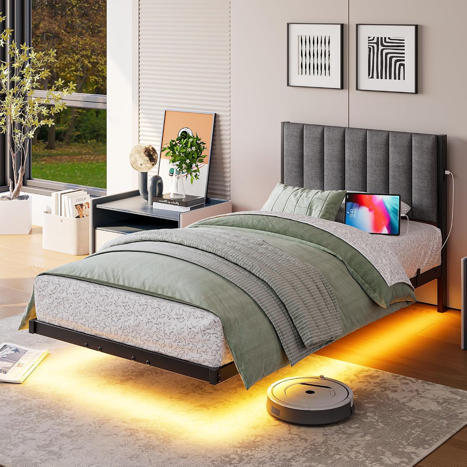 Floating Twin Bed Frame with LED Lights & USB Charging Station,Metal Platform Bed with Strong Slats Support,Floating Bed Frame Twin Size with Upholstered Headboard,Easy Assembly,Noise Free,Gray