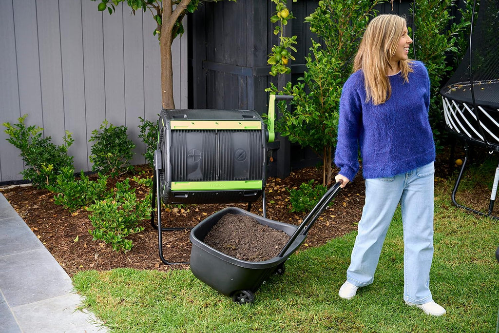 Amazon Exclusive Combo - 48 Gallon Compost Tumbler with Compost Cart, 9 Liter Compost bin, 3 Rolls of Corn Bags and Plant Caddy