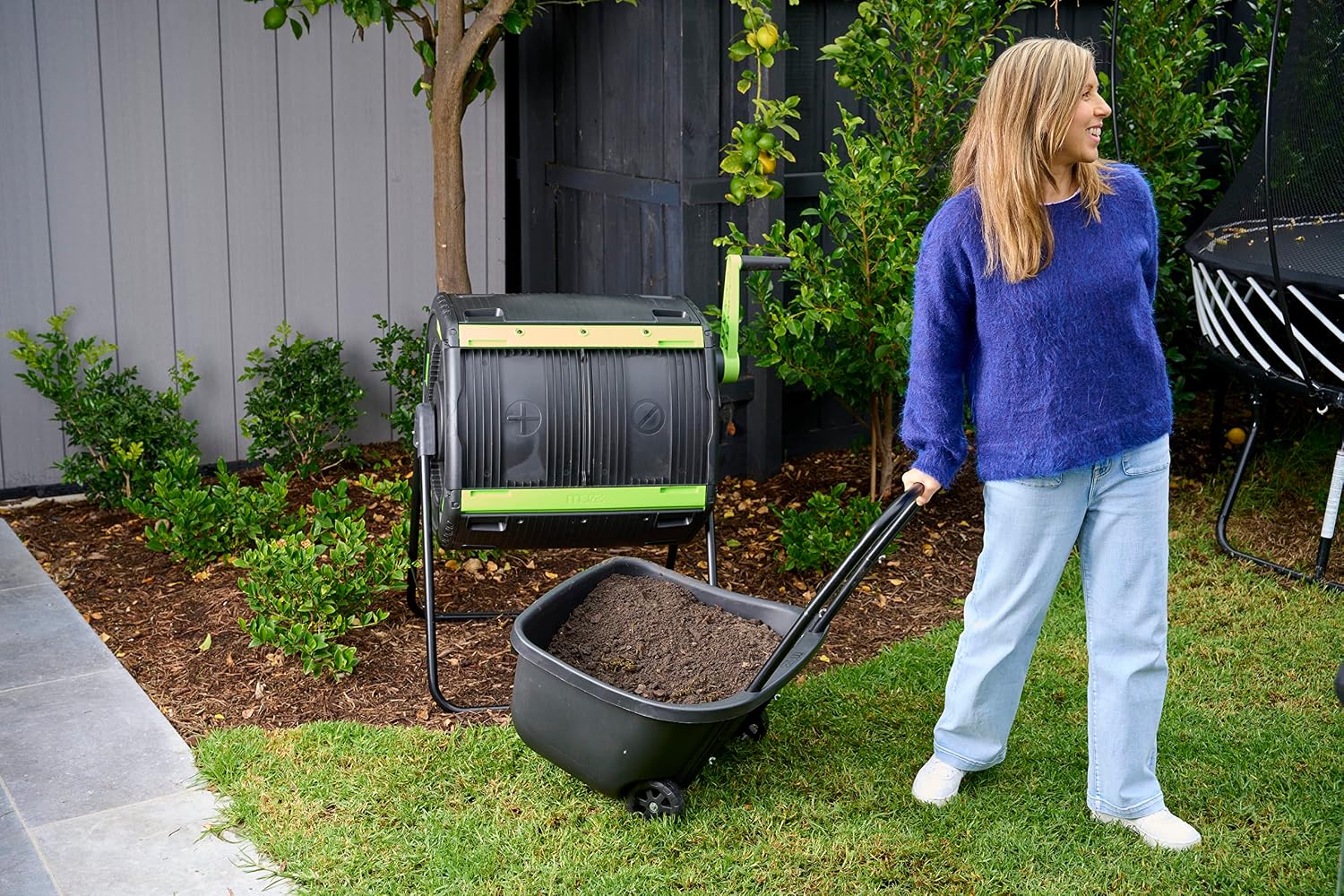 Amazon Exclusive Combo - 48 Gallon Compost Tumbler with Compost Cart, 9 Liter Compost bin, 3 Rolls of Corn Bags and Plant Caddy