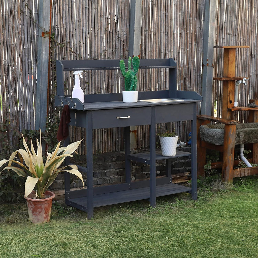 MUPATER Potting Bench Garden Table for Outdoors with Removable Stainless Sink, Planting Work Bench with Storage Shelves and Drawer, Grey