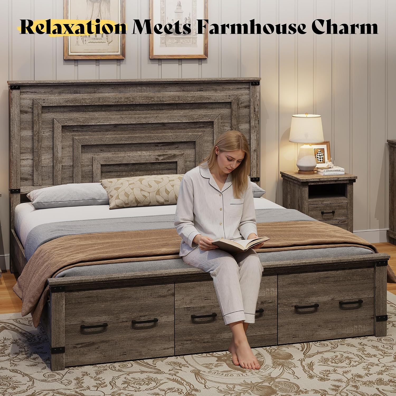 AMERLIFE King Bed Frame with 51' Tall Headboard, 3 Large Storage Drawers, Wood Platform Bed, No Box Spring Needed, Silent Frame, Easy Assembly, Farmhouse, Rustic Grey
