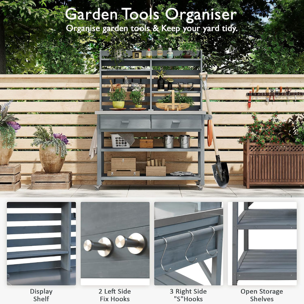 64.9' H Outdoor Potting Bench with Lockable Wheels, Solid Wood Outdoor Kitchen Island with Stainless Steel Top, Upper Hutch, Towel Rack & Storage for Grilling, Lawn & Garden (Grey Blue)