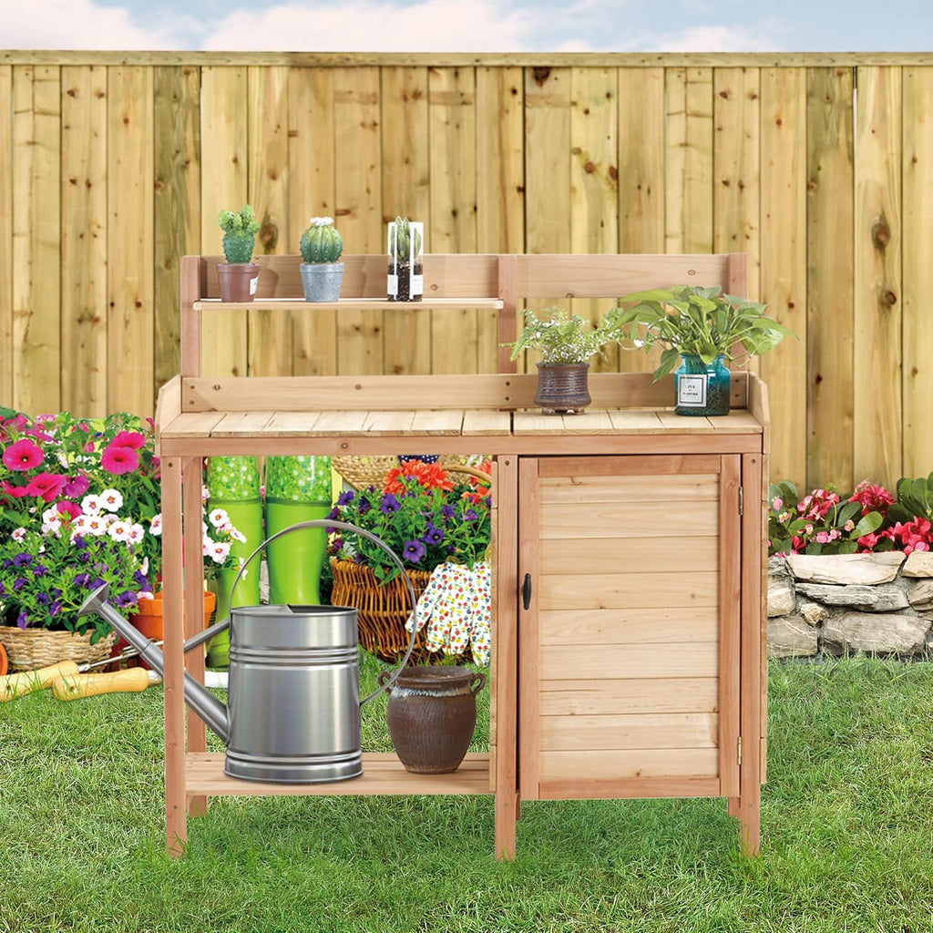 42' Outdoor Potting Bench with Sink, Wooden Potting Table with Sliding Tabletop, Storage Cabinet & Bottom Shelf, Garden Work Bench for Patio Backyard Porch, Natural