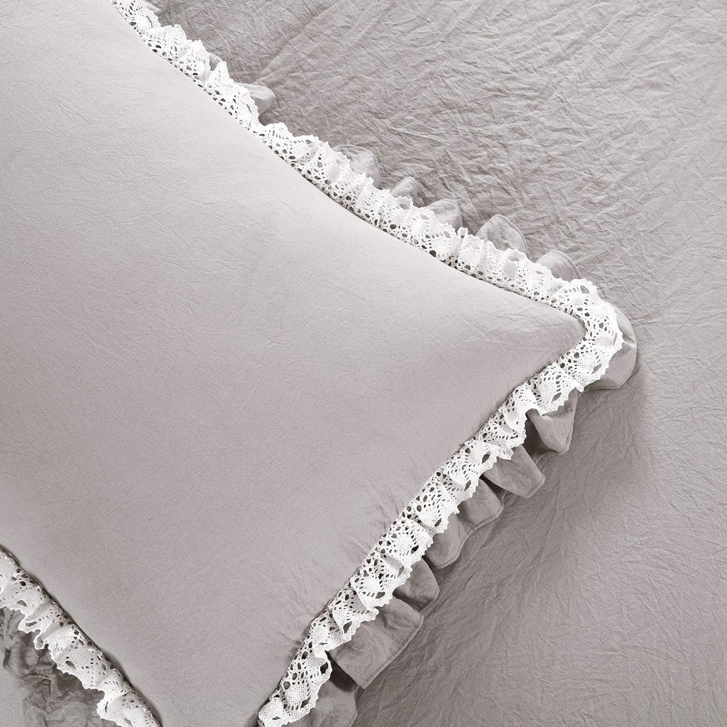 Lush Decor Ella Ruffle Lace Comforter, 3 Piece Set, Full/Queen, Light Gray - Cute Comforter - Queen Bedding Set - Gray Bedding Full Size - Coquette Decor - Ruffle Trim - Lace Trim
