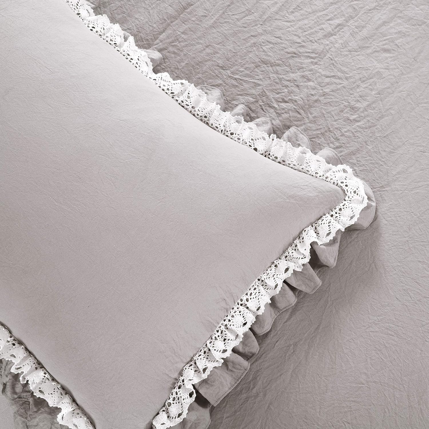 Lush Decor Ella Ruffle Lace Comforter, 3 Piece Set, Full/Queen, Light Gray - Cute Comforter - Queen Bedding Set - Gray Bedding Full Size - Coquette Decor - Ruffle Trim - Lace Trim