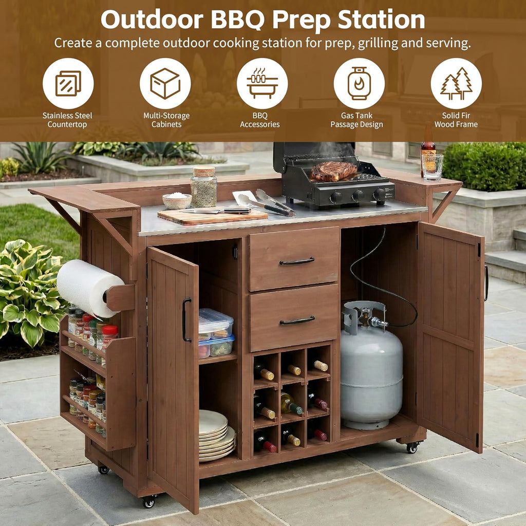 roomfitters Outdoor Grill Cart and Kitchen Island, Stainless Steel Top, Portable Potting Bench with Storage, Wheels, Brown