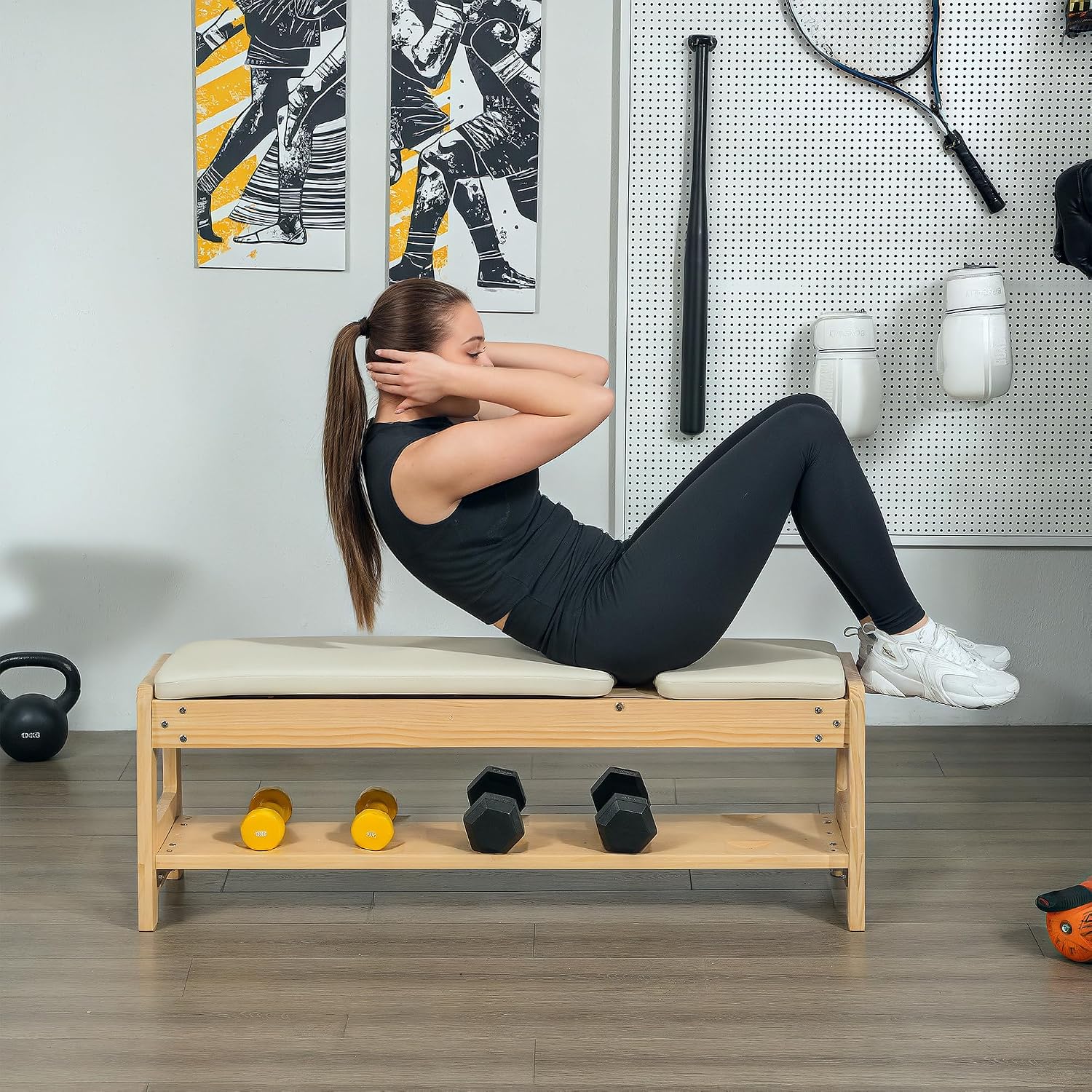 Soozier Adjustable Weight Bench with Dumbbell Rack, Wooden Workout Bench, Flat or Incline Bench for Home Gym Weight Lifting Training