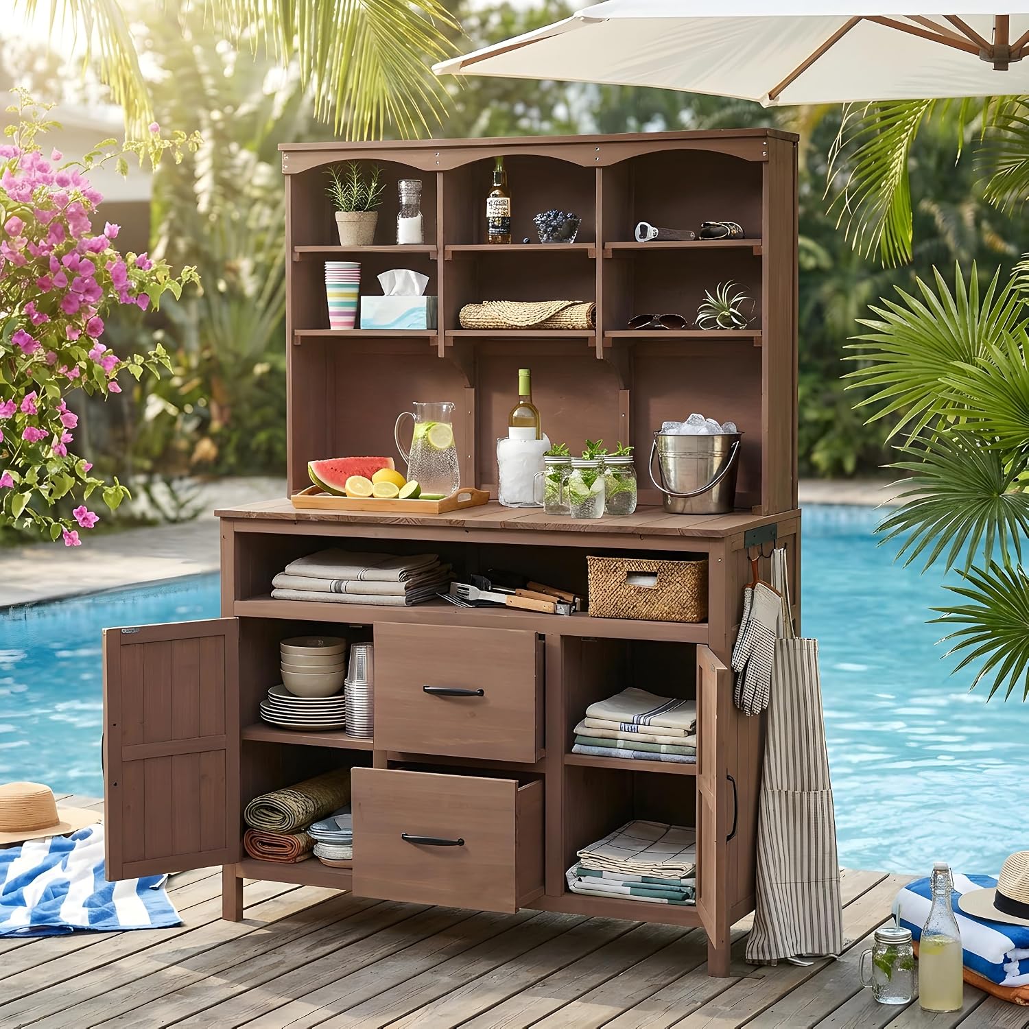 Polibi Large Fir Wood Potting Bench 45.3' Outdoor Patio Kitchen Island with Hutch, Cabinets, Drawers & Hooks, Multi-Functional Gardening Workbench for Grill, Brown