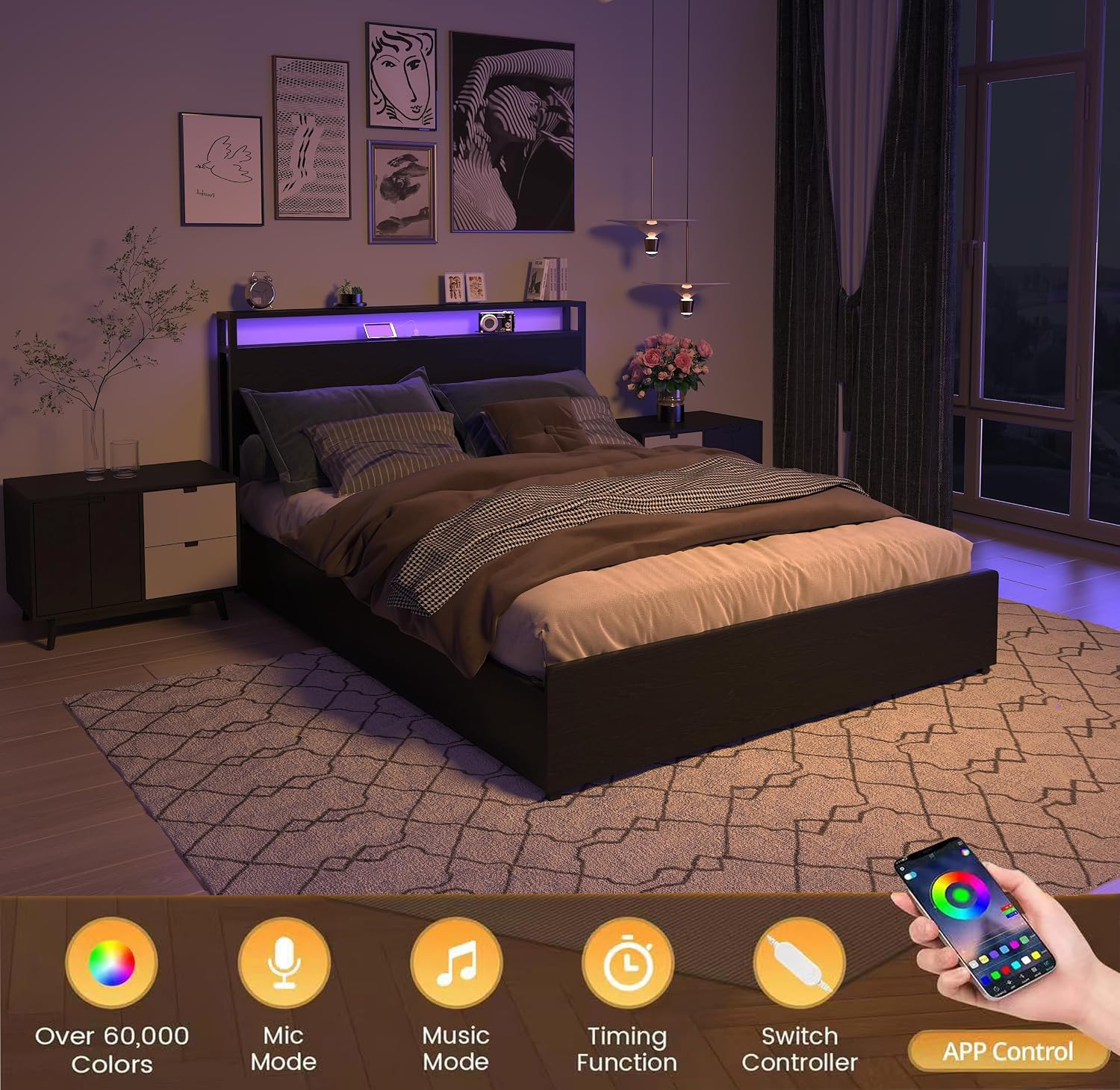 Bellemave Full Size Bed Frame with 4 Storage Drawers and Charging, Full Size Bed Frame with Headboard and Charging Station and with Led Lightstation, No Box Spring Needed, (Full, Black)