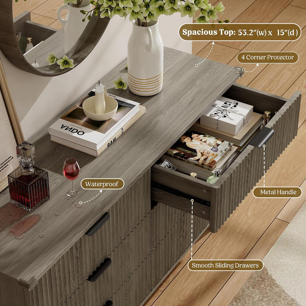 Lulive Wood Dresser for Bedroom with 6 Drawers, 53.2' Long Fluted Modern Chest of Drawers Storage Organizer, Dressers TV Stand for Living Room, Closet, Hallway (Dark Grey Oak)