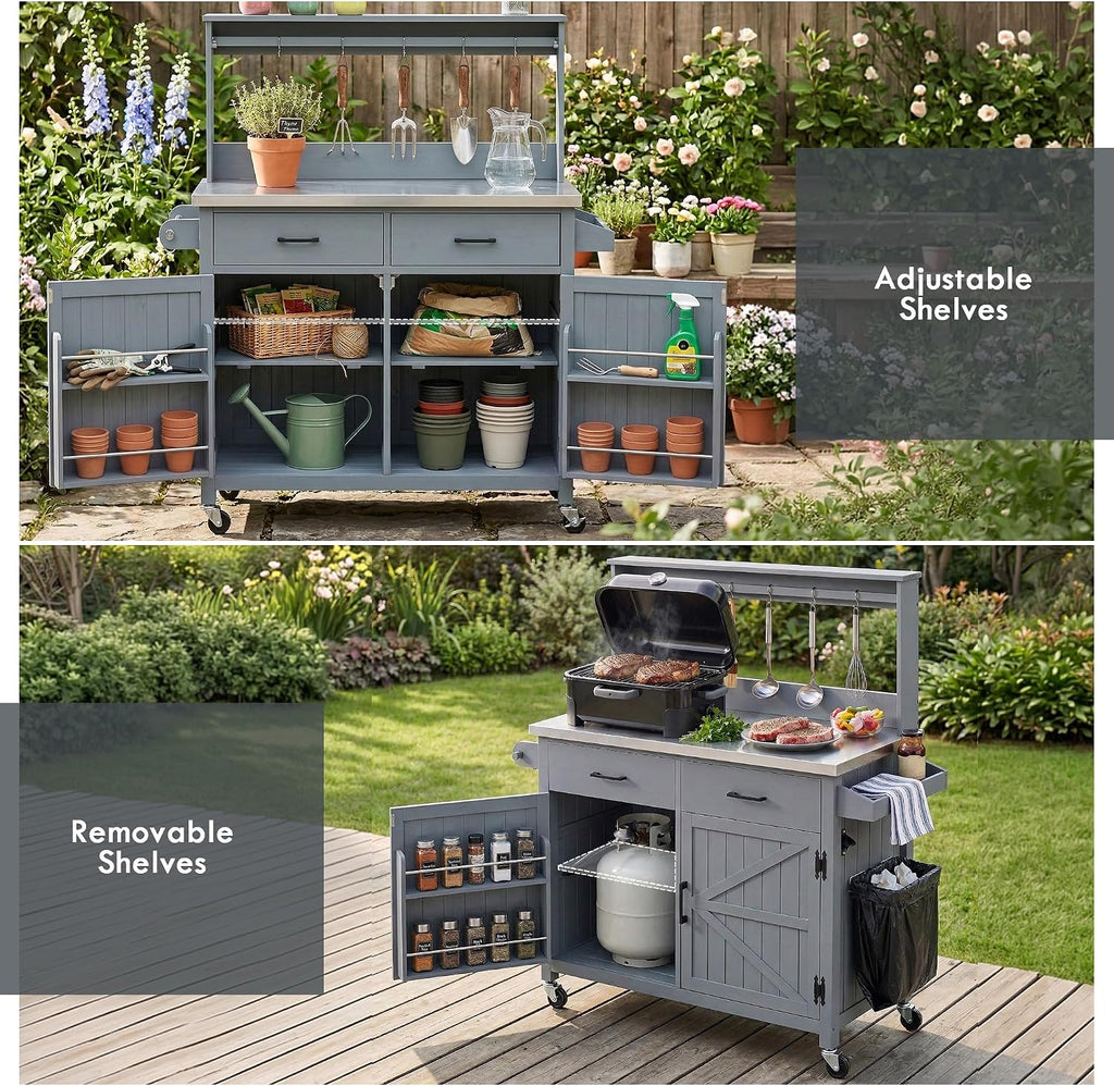 54.1' Outdoor Kitchen Island with High Shelf, Large Potting Bench Table with Stainless Steel Top, Solid Wood Grill Cart with Lockable Wheels for BBQ, Garden (Grey Blue-hs)
