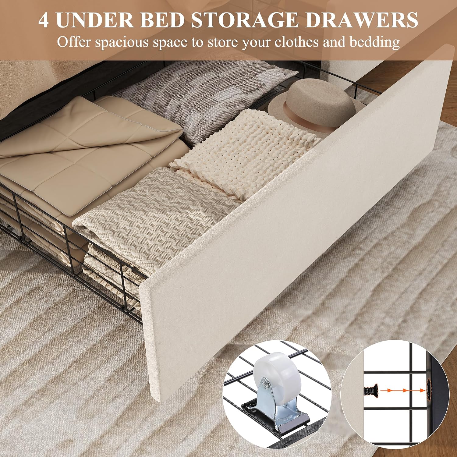Keyluv Modern Upholstered Bed Frame with 4 Storage Drawers, Button Tufted Headboard Design, Solid Wooden Slat Support, Easy Assembly, Soft Velvet, Beige, King Size