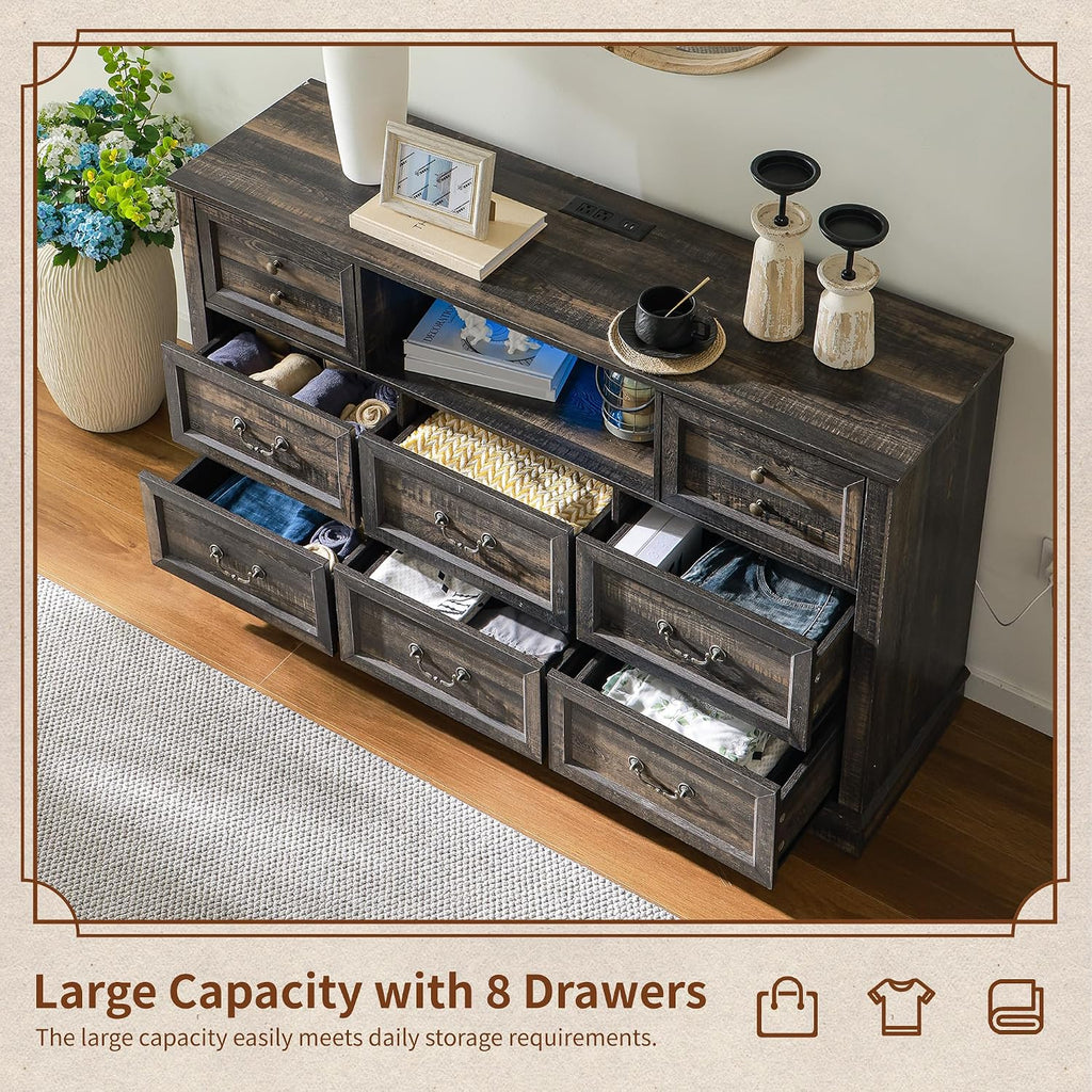 Homkdom Dresser for Bedroom with Charging Station & Led Lights,55.02' TV Stand with 8 Drawers,Dressers & Chests of Drawers with Open Shelves,Hallway,55.02' W x 34.53' H x 15.77' D Rustic Oak
