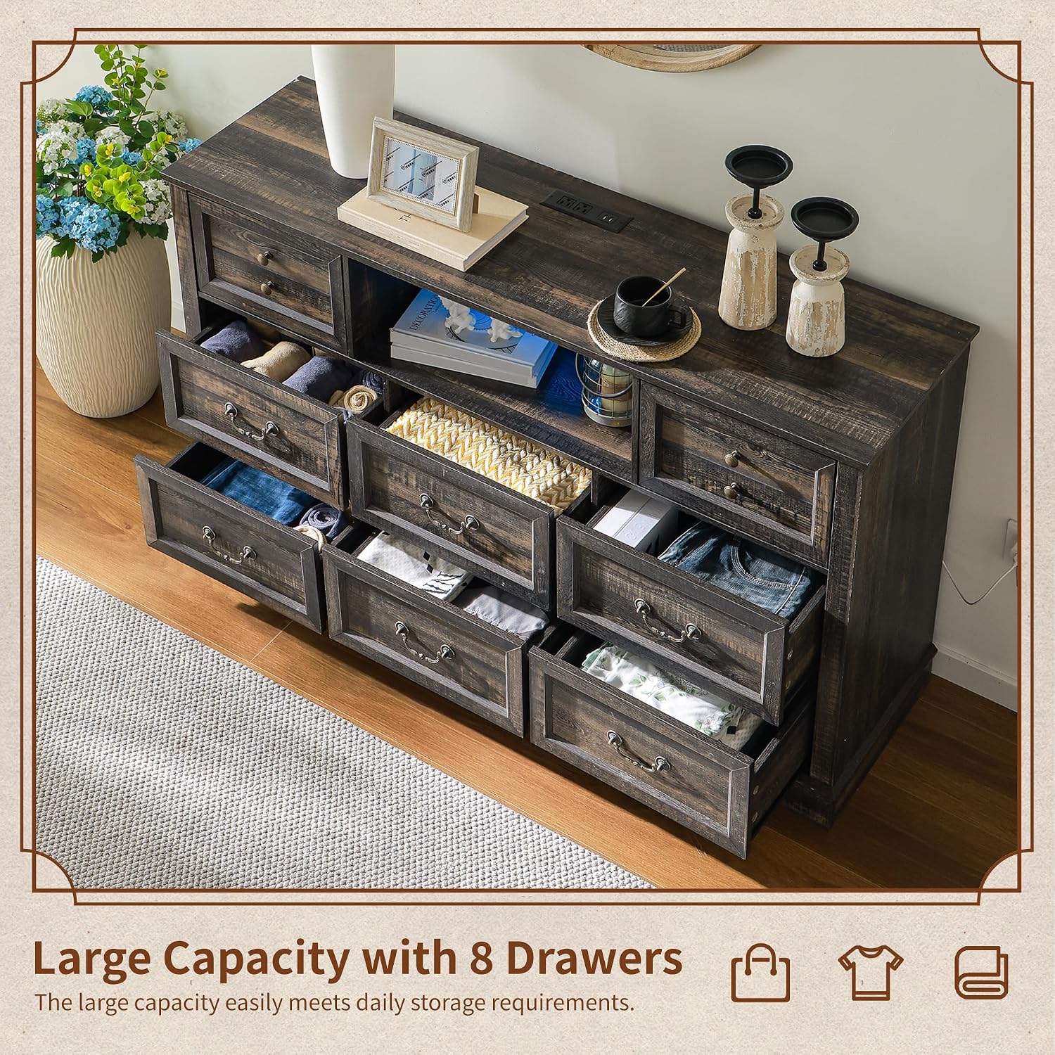 Homkdom Dresser for Bedroom with Charging Station & Led Lights,55.02' TV Stand with 8 Drawers,Dressers & Chests of Drawers with Open Shelves,Hallway,55.02' W x 34.53' H x 15.77' D Rustic Oak