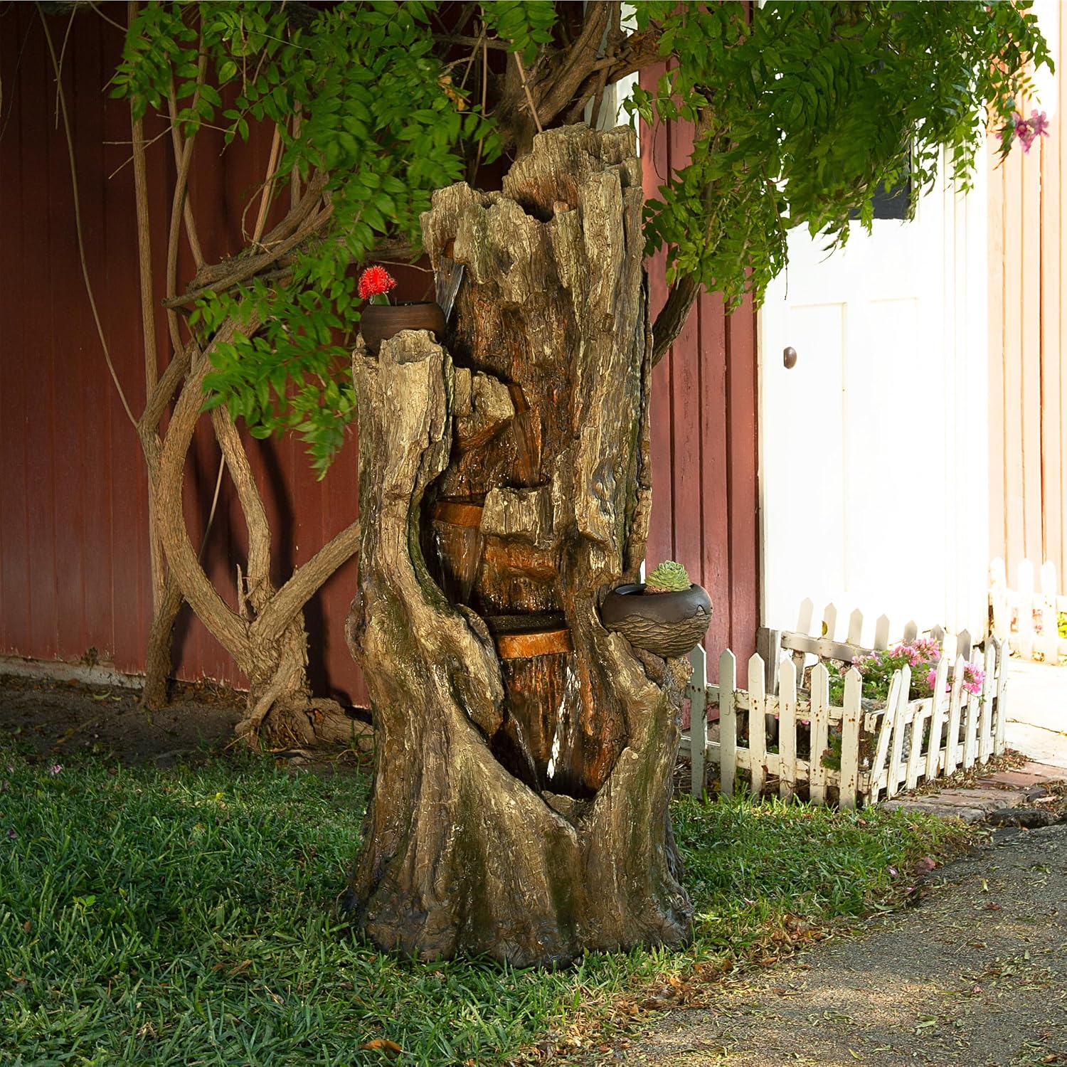 Alpine Corporation WIN1530 Indoor/Outdoor Floor Waterfall, Tree Trunk Fountain w/LED Lights & 2 Flower Pots, 52', Brown