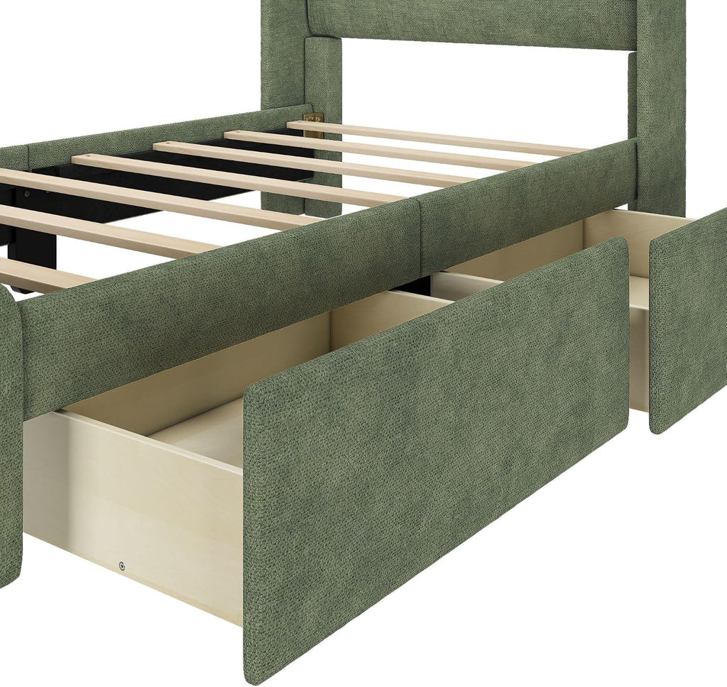 Plank+Beam Upholstered Twin Bed Frame with Rectangular Headboard and Two Storage Drawers, Upholstered Platform Bed, No Box Spring Needed, Easy Assembly, Green