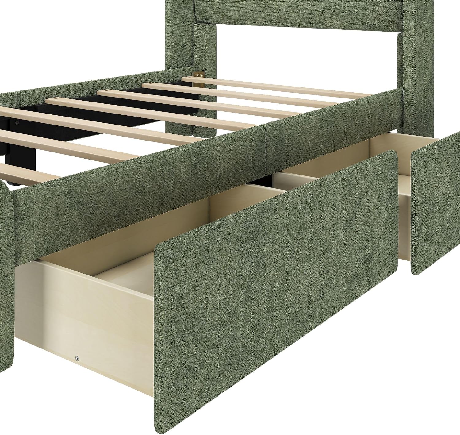 Plank+Beam Upholstered Twin Bed Frame with Rectangular Headboard and Two Storage Drawers, Upholstered Platform Bed, No Box Spring Needed, Easy Assembly, Green