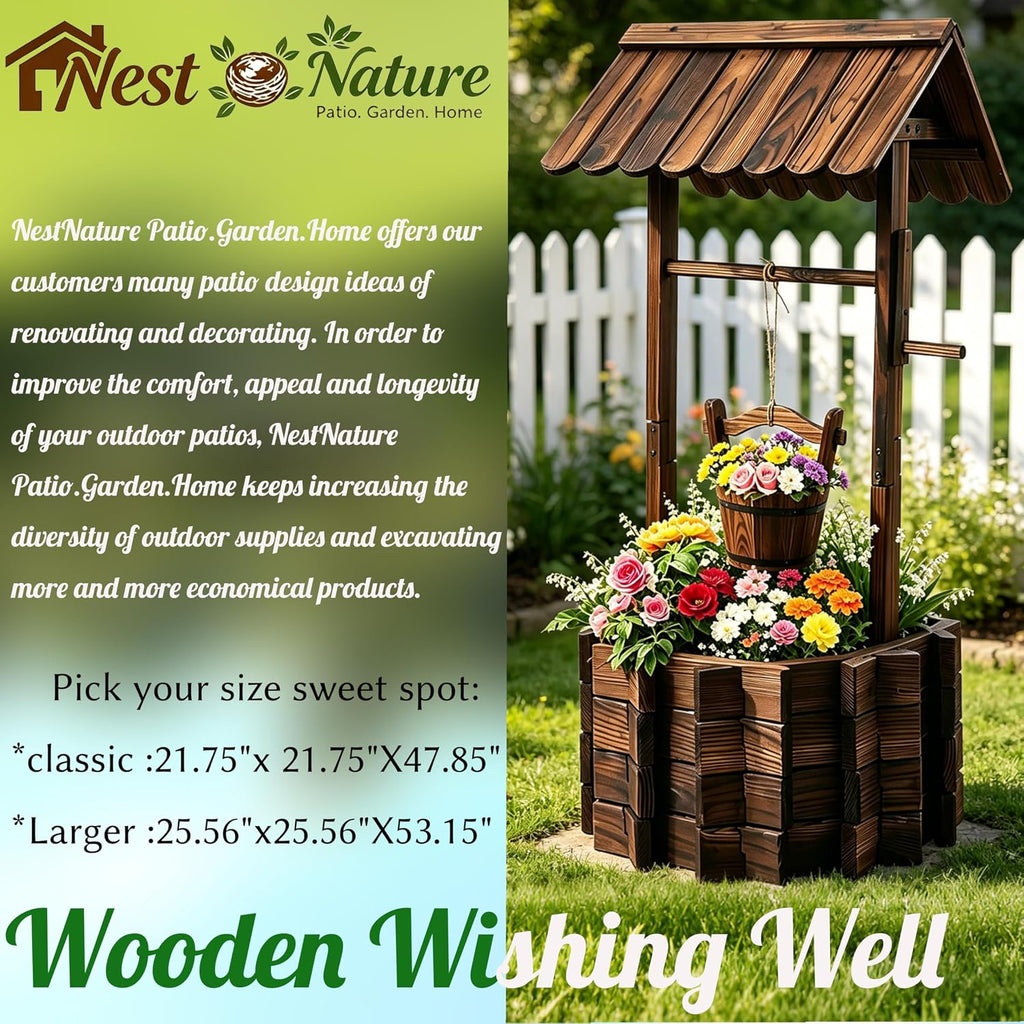 NestNature 21.75' Carbonized Wooden Wishing Well Planter for Outside, Rustic Outdoor Wishing Well with 4 Reinforced Rods & Hanging Bucket, Decorative Well Cover for Yard Garden Patio Lawn Backyard