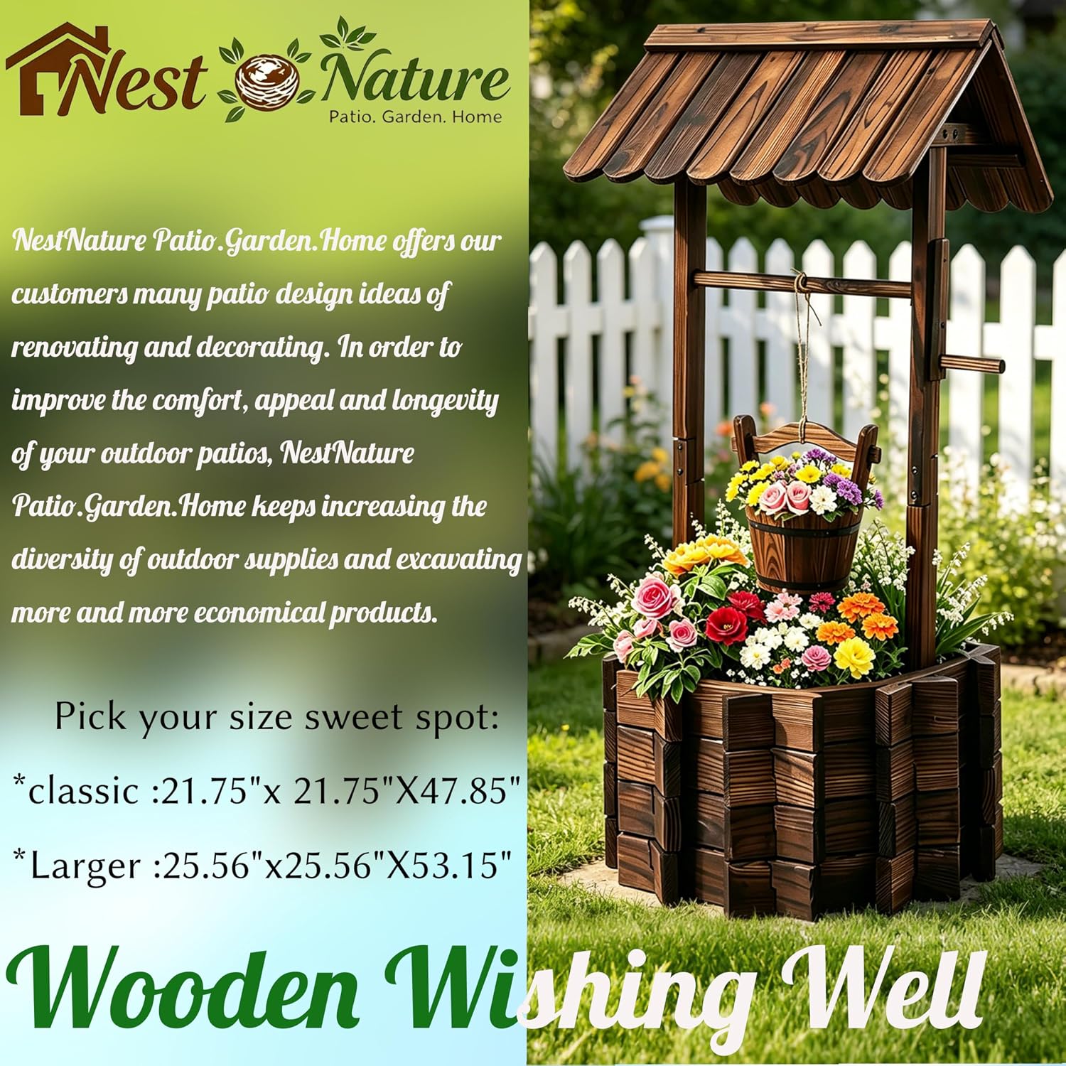 NestNature 21.75' Carbonized Wooden Wishing Well Planter for Outside, Rustic Outdoor Wishing Well with 4 Reinforced Rods & Hanging Bucket, Decorative Well Cover for Yard Garden Patio Lawn Backyard