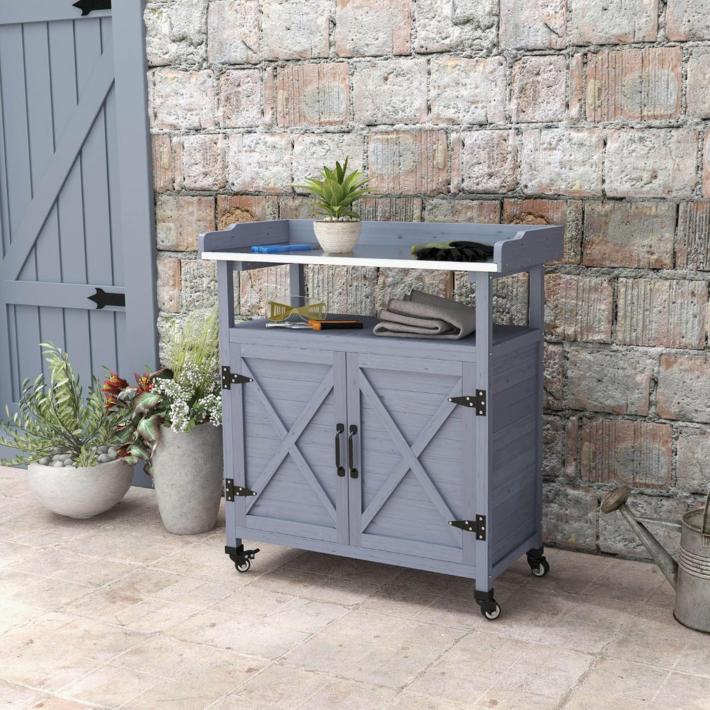 Sturdy All-Weather Aluminum Tabletop Potting Bench Featuring Built-in Storage Cabinet Rubber Casters Gray Heavy-Duty Durable Finish