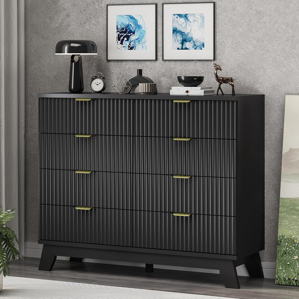 Fluted Dresser for Bedroom with 8 Drawers, 48' Wide Modern Chest of Drawers with Metal Handle, Wooden Dresser TV Stand, Wood Closet Clothes Storage Drawer Organizer for Living Room, Hallway, Black