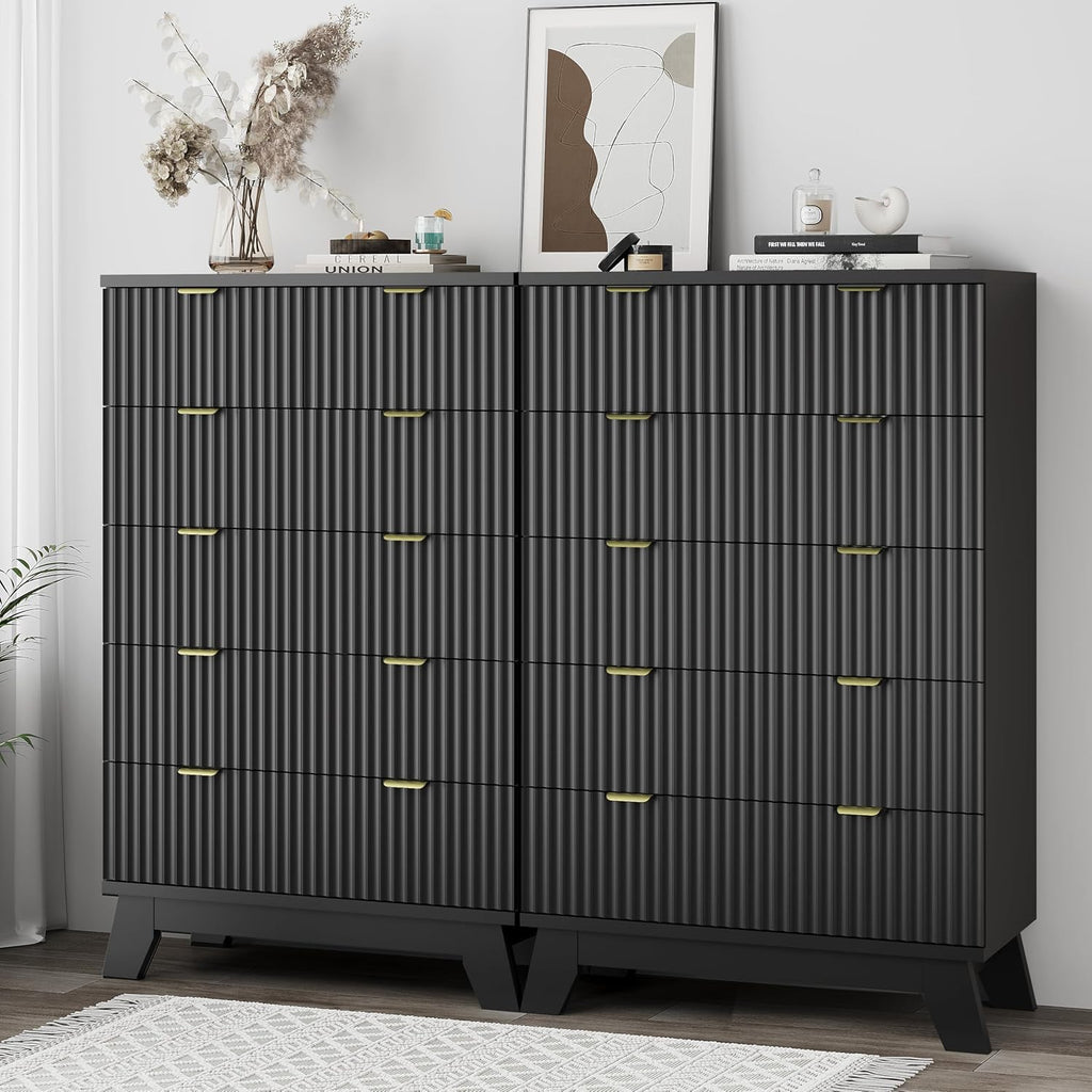 Xixini Fluted Dresser for Bedroom with 6 Drawers, 46' Tall Modern Chest of Drawers with Metal Handle, Wooden Dresser TV Stand, Wood Closet Clothes Storage Organizer for Living Room, Hallway, Black