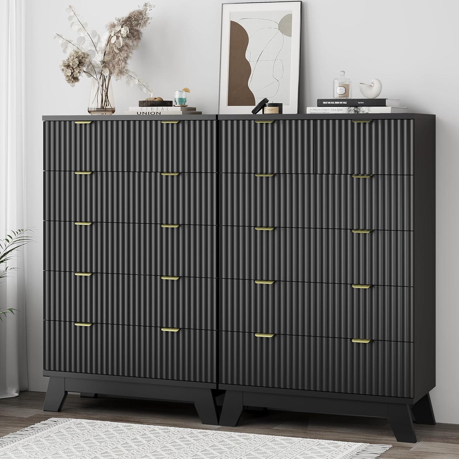 Xixini Fluted Dresser for Bedroom with 6 Drawers, 46' Tall Modern Chest of Drawers with Metal Handle, Wooden Dresser TV Stand, Wood Closet Clothes Storage Organizer for Living Room, Hallway, Black