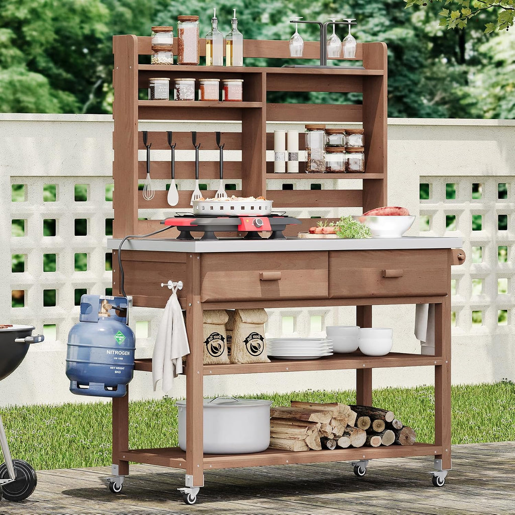 65' H Outdoor Potting Bench Table with Lockable Wheels, Wood Large Outdoor Kitchen Island Prep Station with Stainless Steel Top Waterproof Cover & Towel Rack for Outside Garden, Patio