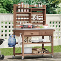 65' H Outdoor Potting Bench Table with Lockable Wheels, Wood Large Outdoor Kitchen Island Prep Station with Stainless Steel Top Waterproof Cover & Towel Rack for Outside Garden, Patio